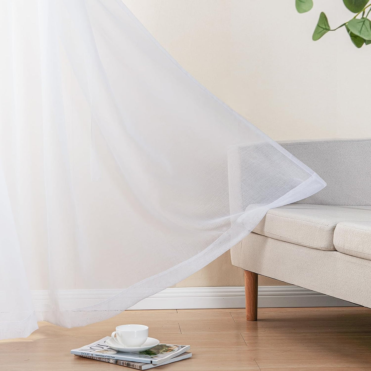 DWCN White Faux Linen Sheer Curtains, 2 Panels, 52x84 Inch | Faux Linen Textured Curtains with Rod Pocket & Back Tab, Semi Voile Light Airy Gauzy Privacy Drapes for Living Room Bedroom