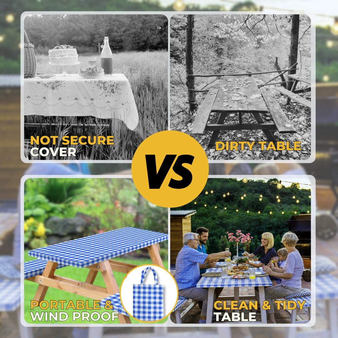 Vinyl Fitted Picnic Table Cover with Bench Covers & Blue 6ft Blue Checkered | Vinyl Fitted Picnic Table Cover with Bench Covers and Bag, Outdoor Waterproof Windproof Picnic Tablecloth with Elastic Edges.
