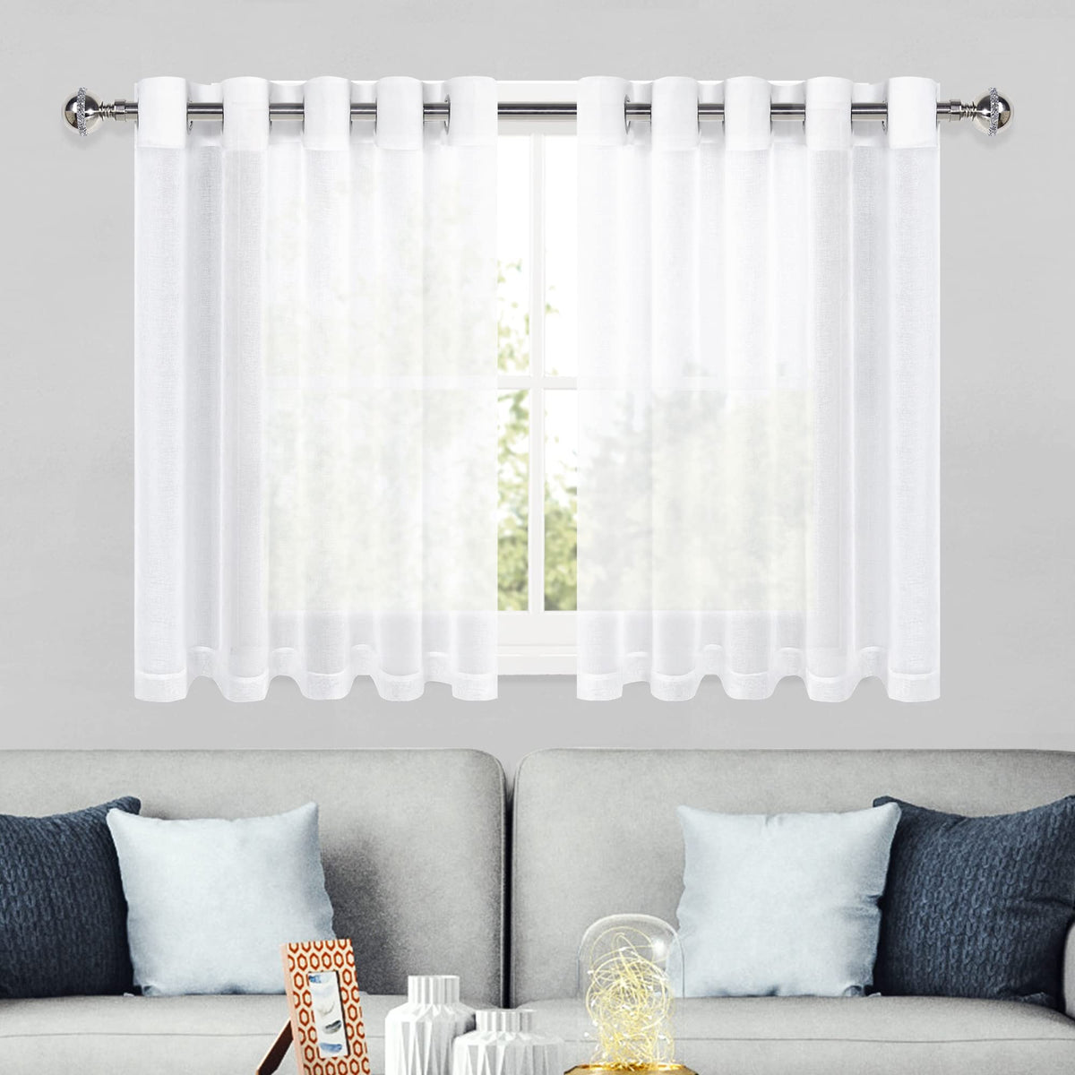 DWCN White Sheer Curtains Linen Look Semi Transparent Voile Grommet White Curtains for Living Dining Room Drapes 52 x 84 Inch Long, Set of 2 Panels