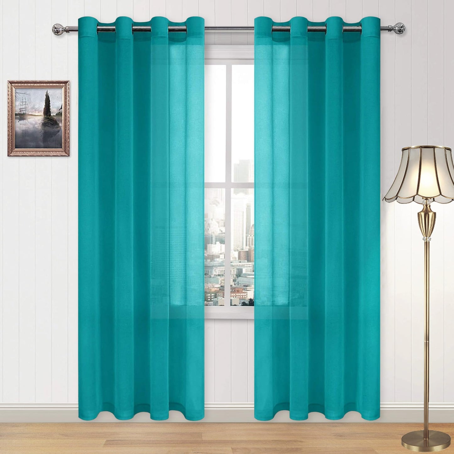 DWCN White Sheer Curtains Linen Look Semi Transparent Voile Grommet White Curtains for Living Dining Room Drapes 52 x 84 Inch Long, Set of 2 Panels