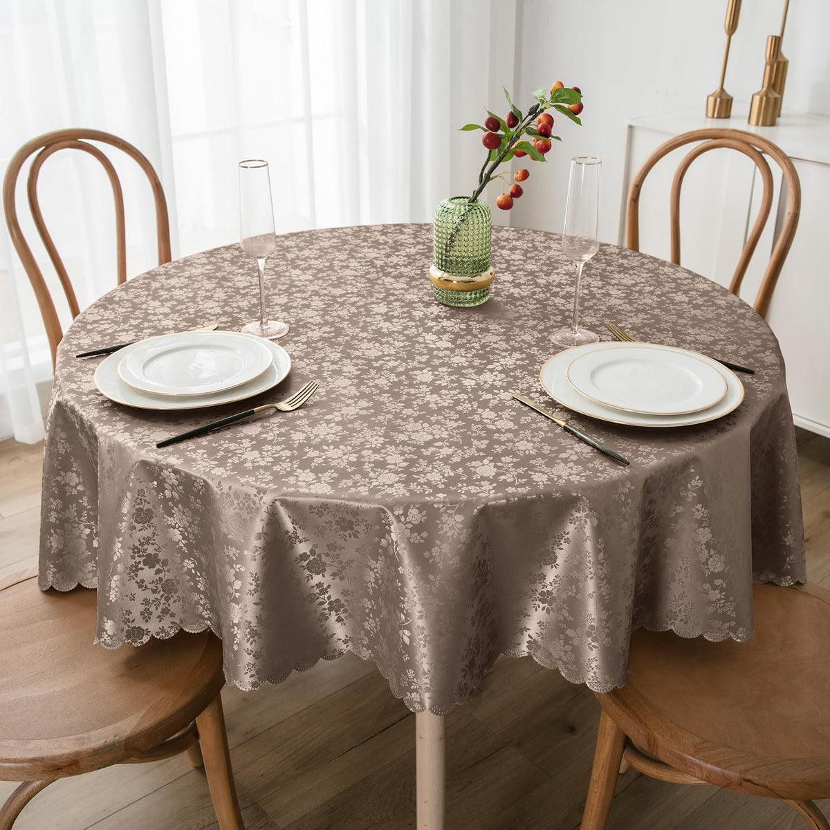 Smiry Rectangle Waterproof Heavy Duty Vinyl Tablecloths, 60 x 84 Inch | Wipeable Washable Floral Embossed Table Cover for Kitchen and Dining Room, Indoor & Outdoor Use, Beige