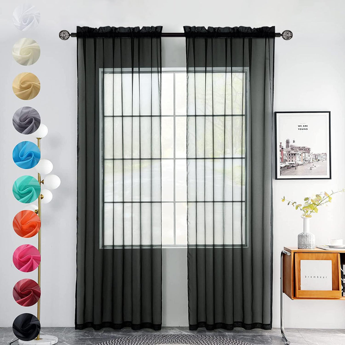 youleyar Solid Sheer Rod Pocket Curtain Voile Draperies 2 Panels White Beige Black Grey Coffee 52 Inch Width 84 Inch Long 1 Pair for Kitchen Bedroom Children Living Room Yard (Ivory,52W ｘ 84L)