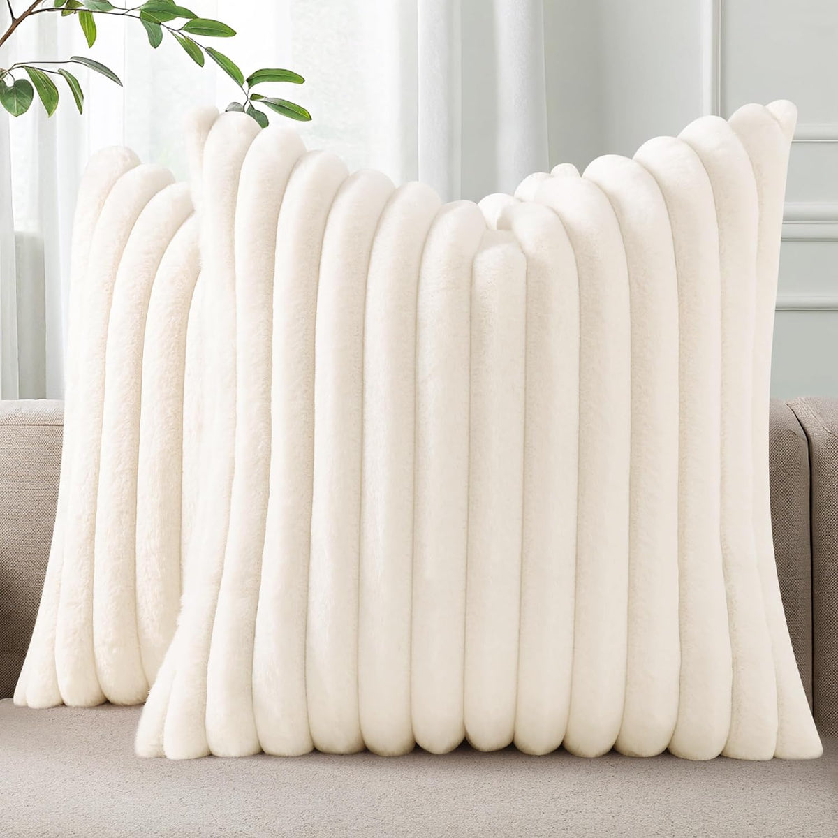 Pallene Faux Fur Decorative Throw Pillow Covers 18x18 Set of 2, Cream White | Luxury Plush Texture, Striped Design, Cozy Soft Touch, Modern Home Accent Decor for Couch, Sofa, Bed, Living Room