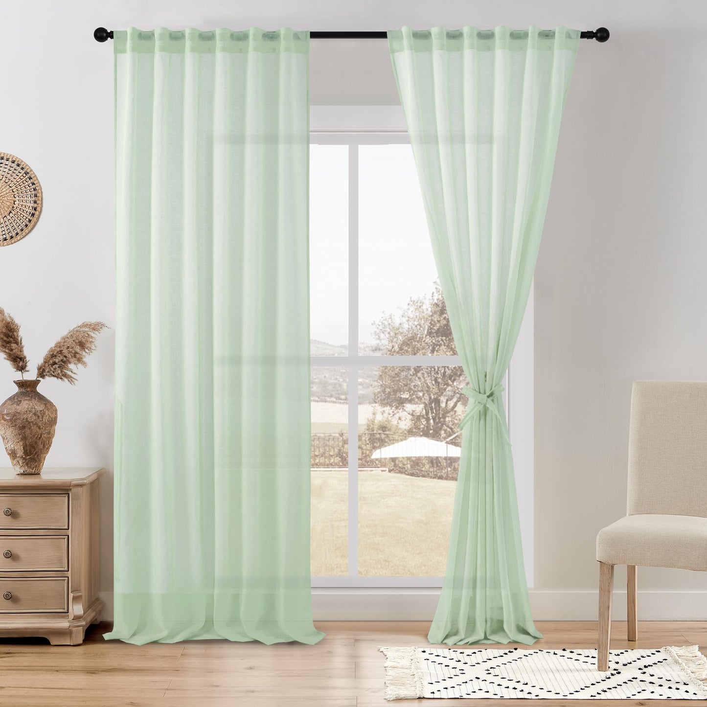 DWCN White Faux Linen Sheer Curtains, 2 Panels, 52x84 Inch | Faux Linen Textured Curtains with Rod Pocket & Back Tab, Semi Voile Light Airy Gauzy Privacy Drapes for Living Room Bedroom
