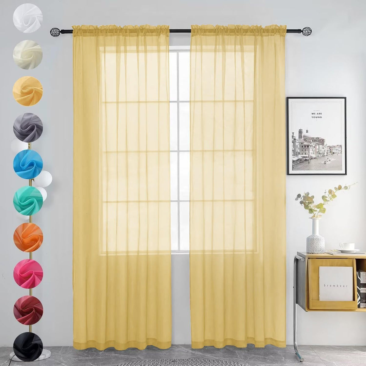 youleyar Solid Sheer Rod Pocket Curtain Voile Draperies 2 Panels White Beige Black Grey Coffee 52 Inch Width 84 Inch Long 1 Pair for Kitchen Bedroom Children Living Room Yard (Ivory,52W ｘ 84L)
