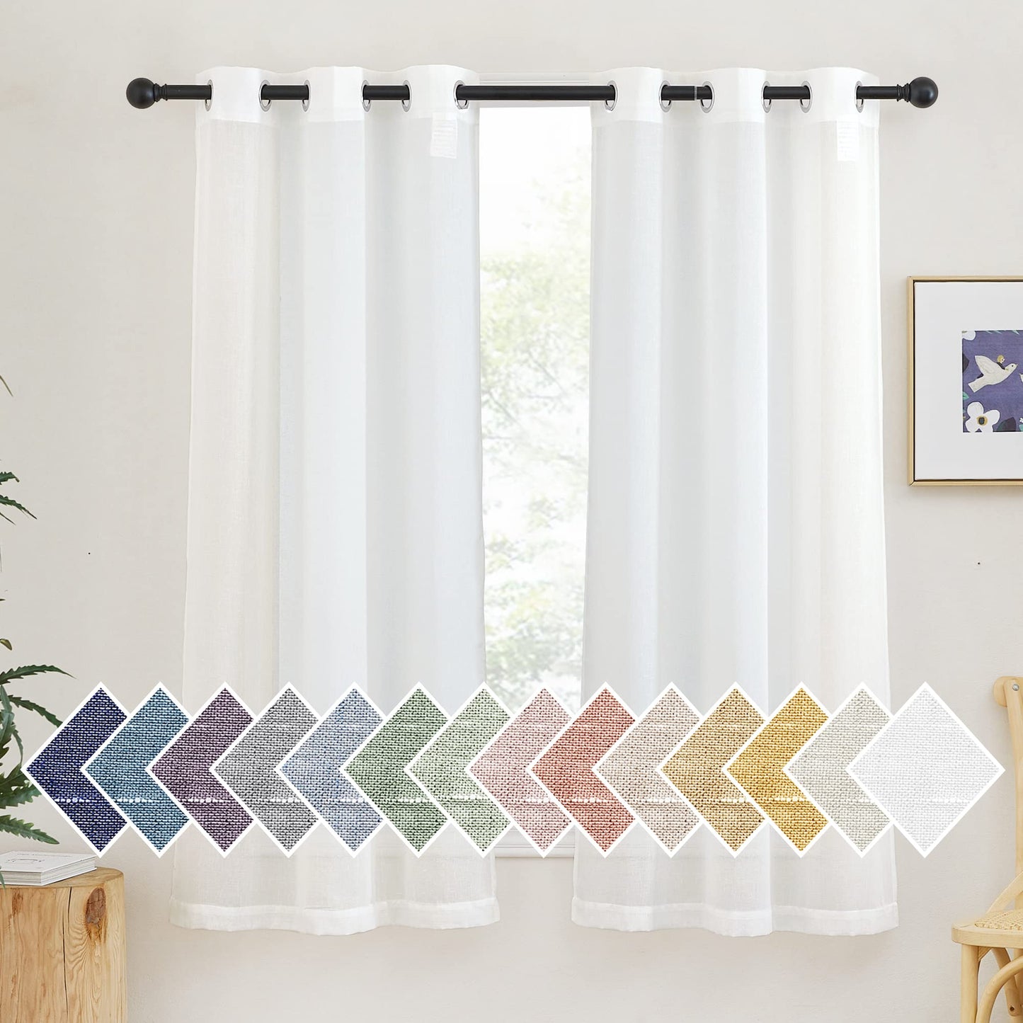 NICETOWN White Sheer Linen Curtains for Living Room 84 inch Length 2 Panels Set, Grommet Semi Sheer Privacy with Light Filtering Flax Window Treatments for Bedroom, W52 x L84