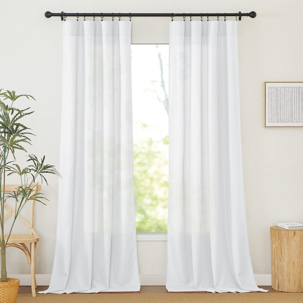 RYB HOME White Semi Sheer Curtains 84 inches Long for Living Room | Half Privacy, Linen Textured, Sheer Light Filtering, Vertical Window Drapes, for Bedroom Dining, White, W52 x L84, 2 Panels