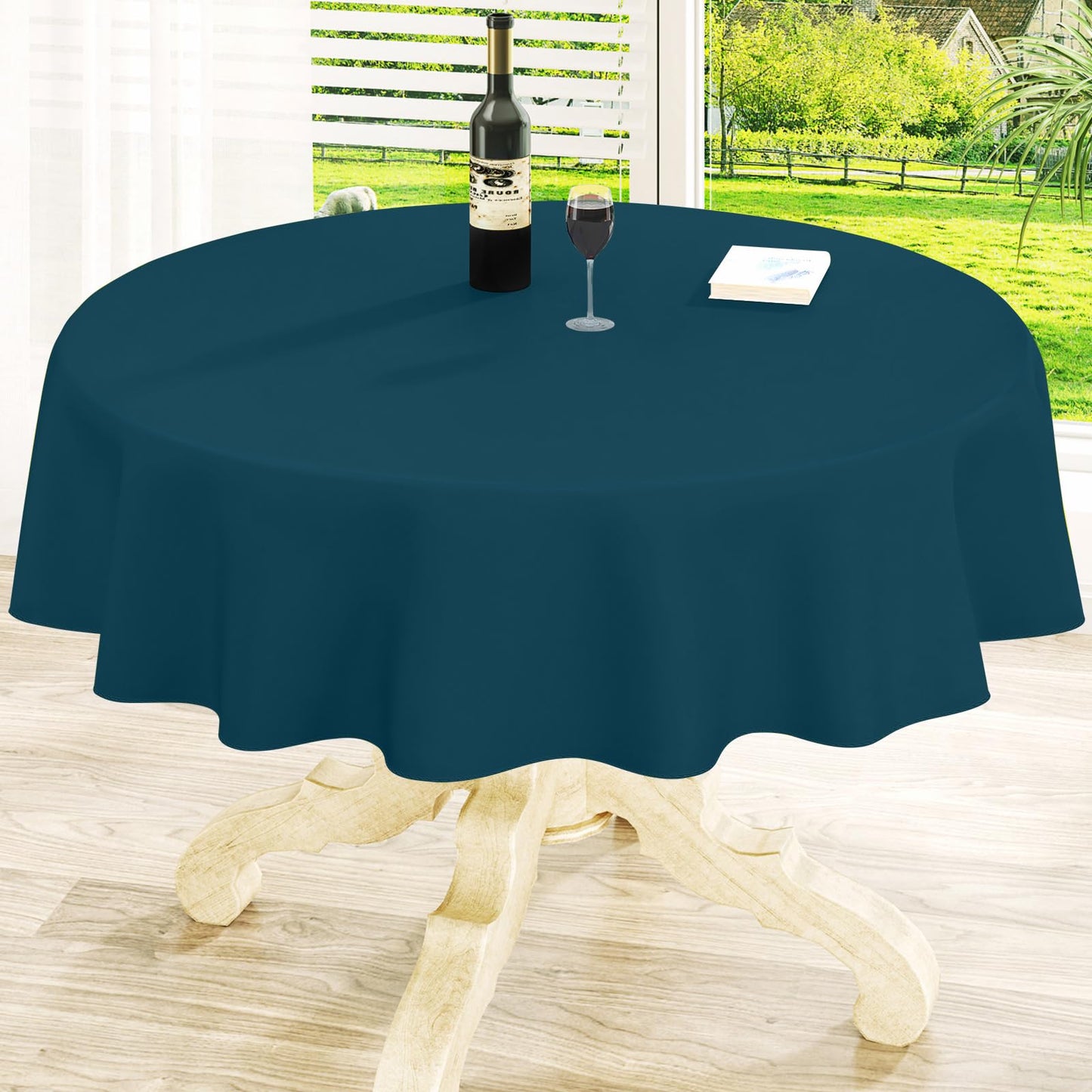 Round Navy Blue Vinyl Waterproof Tablecloth with Flannel Backed | Spillproof Wipe Clean Table Cloth, Plastic Flannel Backing for Dining, Buffet Parties Picnic Camping, 60"