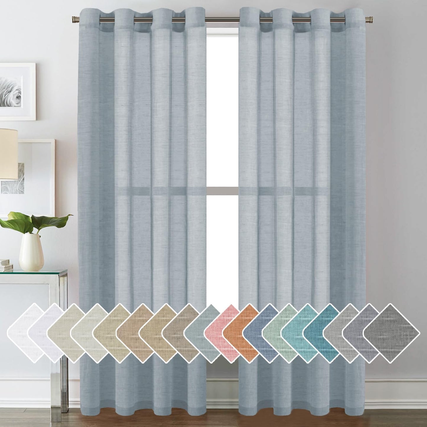 H.VERSAILTEX Natural Linen Sheer Curtains Flax Linen Blended Curtain Panels Living Room, Nickel Grommet Semitransparent Semi-Sheer Soft Privacy Drapes, Natural, 84 inches Long 2 Panels