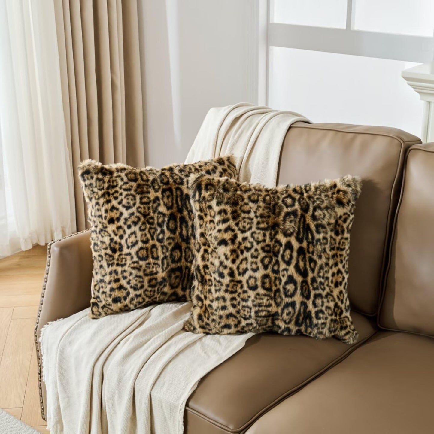Cheetah Print Faux Fur Fluffy Pillowcases,Plush Soft Throw Pillow Covers, Fuzzy Decorative Leopard Print Pillow Cases, Furry Brown Leopard Cushion Covers for Couch Sofa-18x18 inch Set of 2