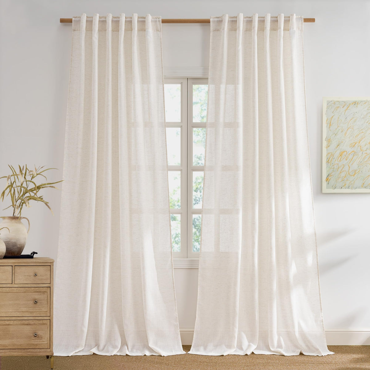 NICETOWN Semi Sheer White Curtains 84 inch Long, Rod Pocket & Back Tab Sheer Linen Curtains & Drapes Balance Privacy & Light Panels for Bedroom/Living Room, W52 x L84, 2 Panels