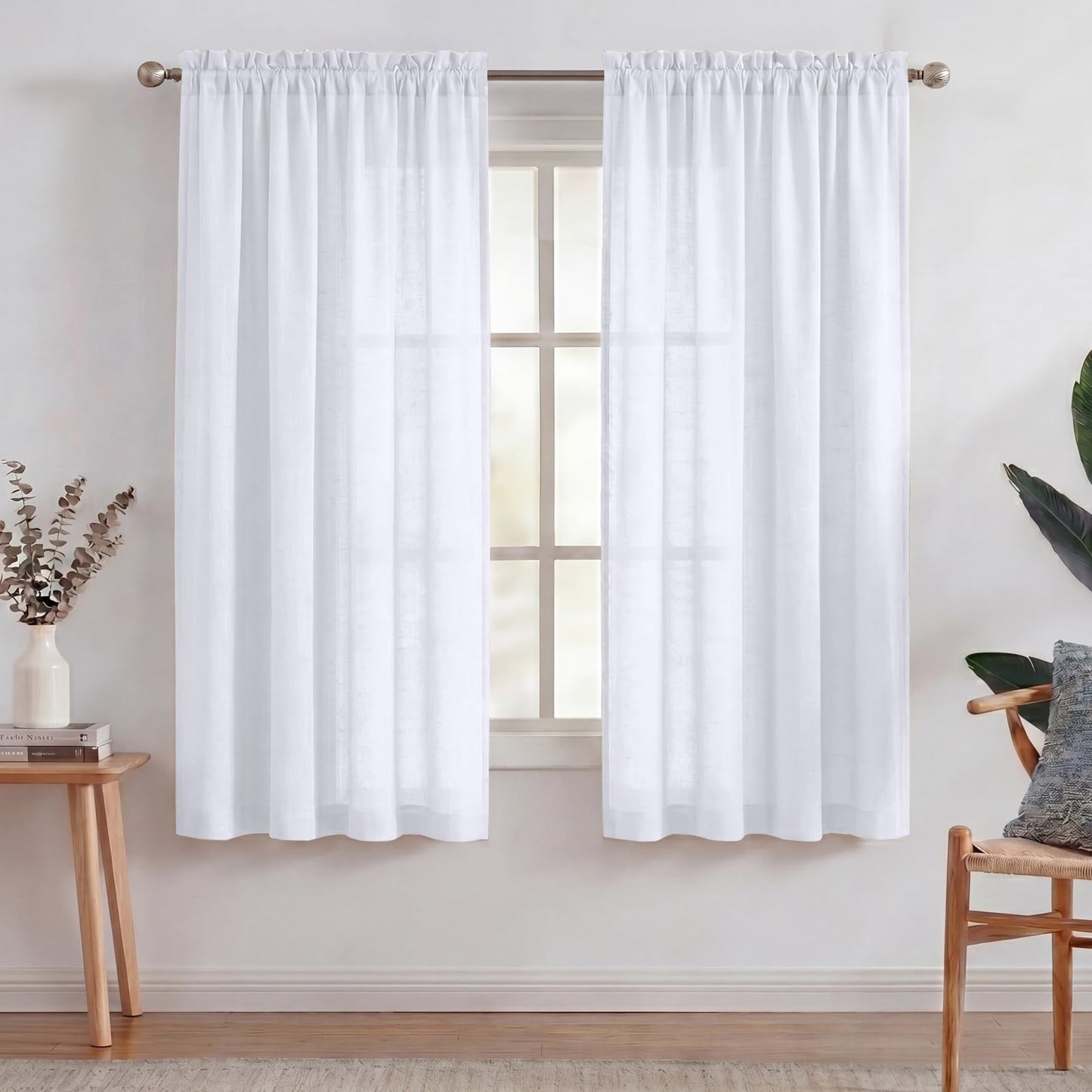 Turquoize White Linen Curtains 96 Inches Long Semi Sheer Curtains Light Filtering Linen Drapes for Living Room/Bedroom 2 Panels Set Rod Pocket Window Treatments Panels,W52 x L96, White