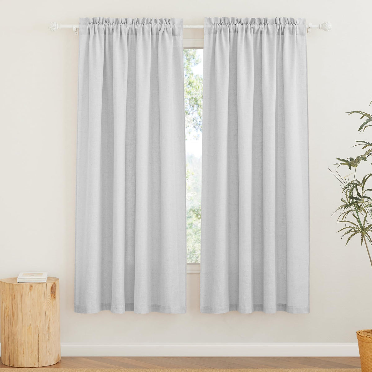 RYB HOME White Semi Sheer Curtains 84 inches Long for Living Room | Half Privacy, Linen Textured, Sheer Light Filtering, Vertical Window Drapes, for Bedroom Dining, White, W52 x L84, 2 Panels