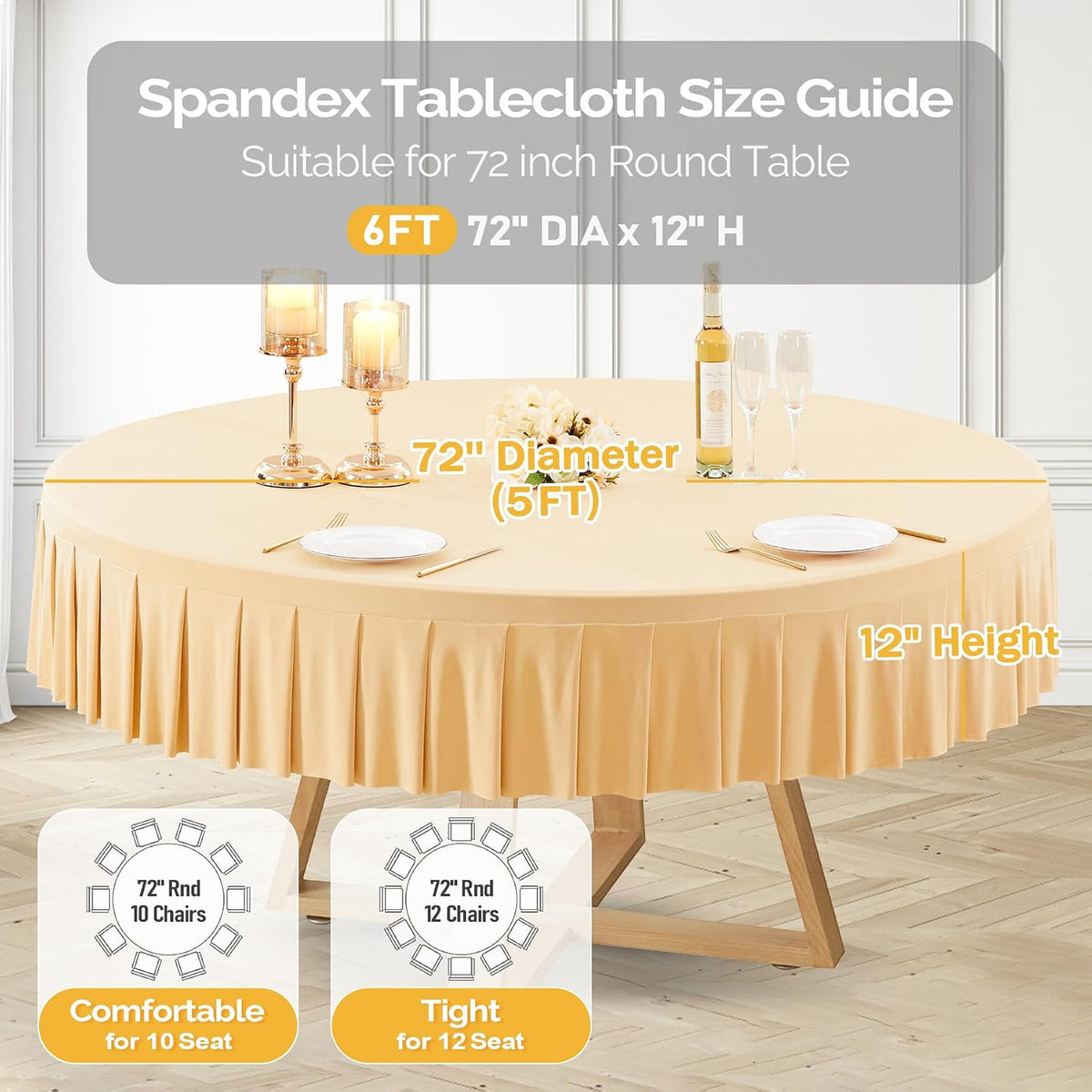 8 Pack Champagne Spandex Round Tablecloths for 72in Table, Stretchy Fitted 6FT Round Table Cloths, Wrinkle Free Table Cover with Skirt for Wedding Birthday Party Bridal Shower Banquet