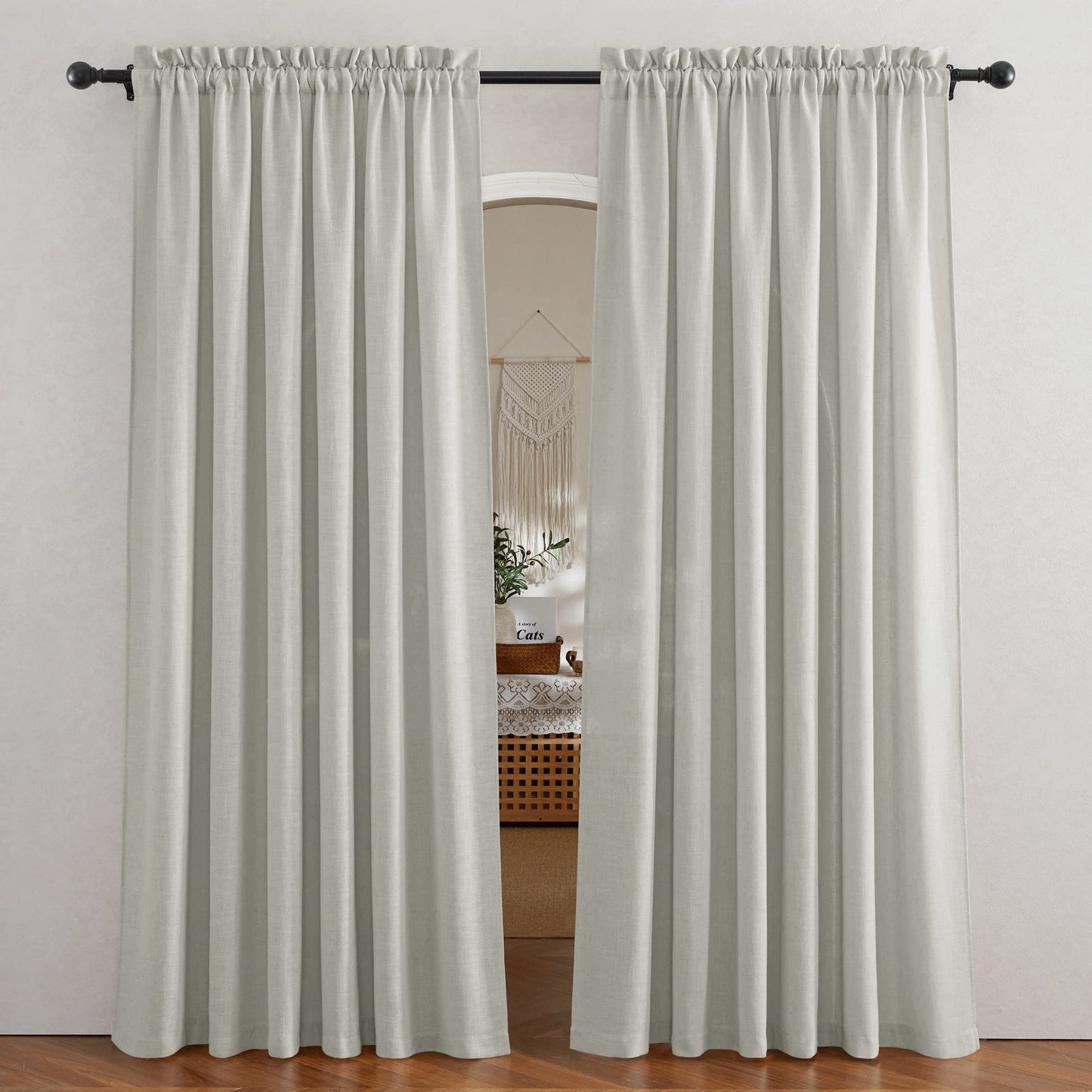 RYB HOME White Semi Sheer Curtains 84 inches Long for Living Room | Half Privacy, Linen Textured, Sheer Light Filtering, Vertical Window Drapes, for Bedroom Dining, White, W52 x L84, 2 Panels
