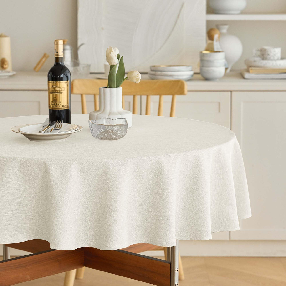Decorelia Faux Linen Round Tablecloths 60 inch, Waterproof Decorative Washable Texture Rustic Circle Table Cloth Cover for Dining Kitchen Party Farmhouse Outdoor(Round (2-4 Seats),Sage Green)