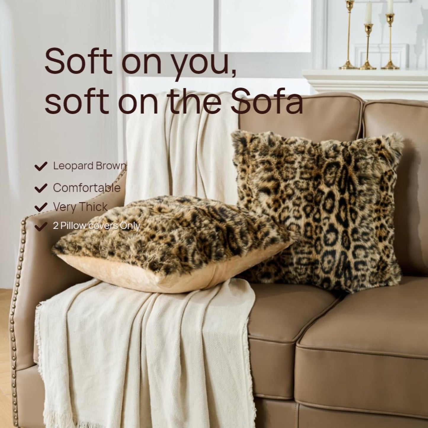 Cheetah Print Faux Fur Fluffy Pillowcases,Plush Soft Throw Pillow Covers, Fuzzy Decorative Leopard Print Pillow Cases, Furry Brown Leopard Cushion Covers for Couch Sofa-18x18 inch Set of 2