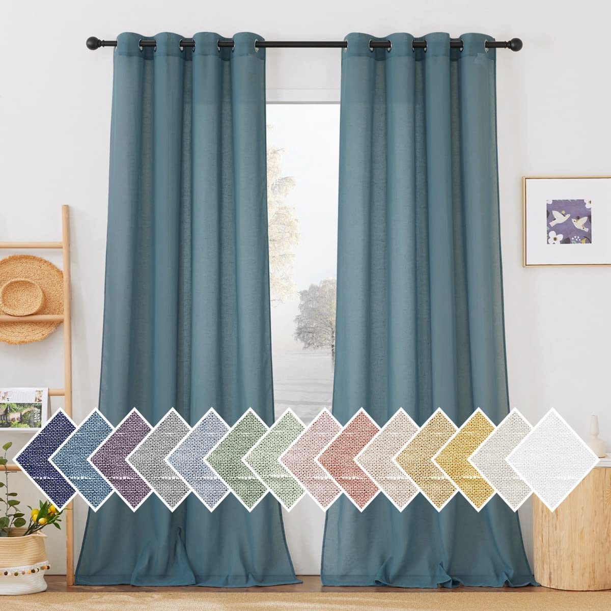 NICETOWN White Sheer Linen Curtains for Living Room 84 inch Length 2 Panels Set, Grommet Semi Sheer Privacy with Light Filtering Flax Window Treatments for Bedroom, W52 x L84
