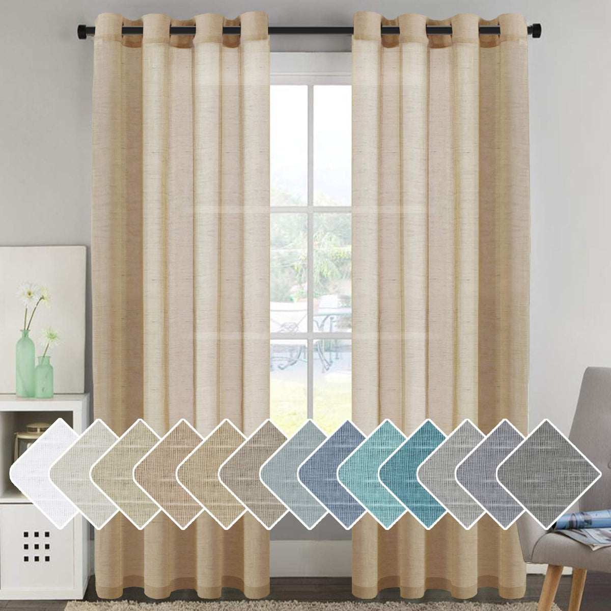H.VERSAILTEX Natural Linen Sheer Curtains Flax Linen Blended Curtain Panels Living Room, Nickel Grommet Semitransparent Semi-Sheer Soft Privacy Drapes, Natural, 84 inches Long 2 Panels