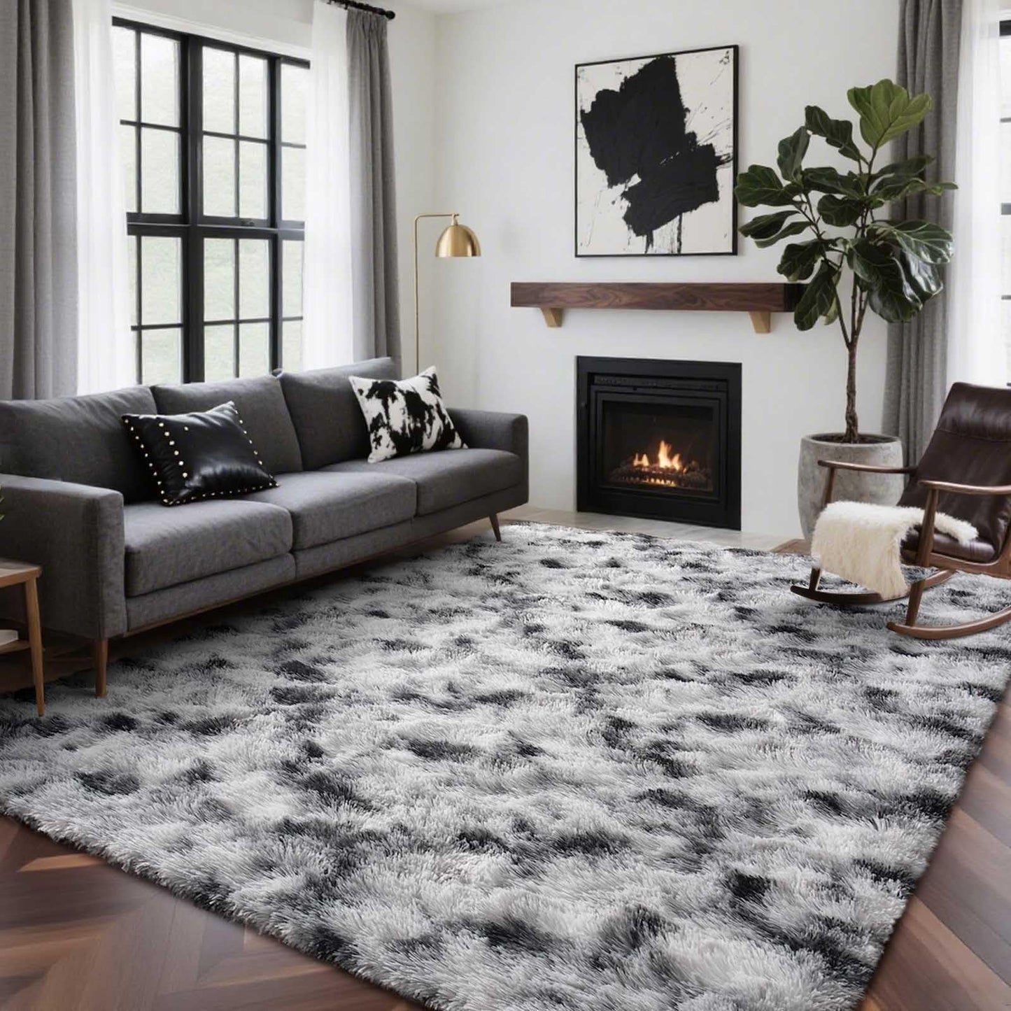 6x9 Ft Large Shag Rugs for Living Room Decor, Tie-Dyed Ultra Soft Fluffy Furry Area Rugs for Bedroom Indoor Floor, Aesthetic Carpet for Kids Home (Dark Grey)