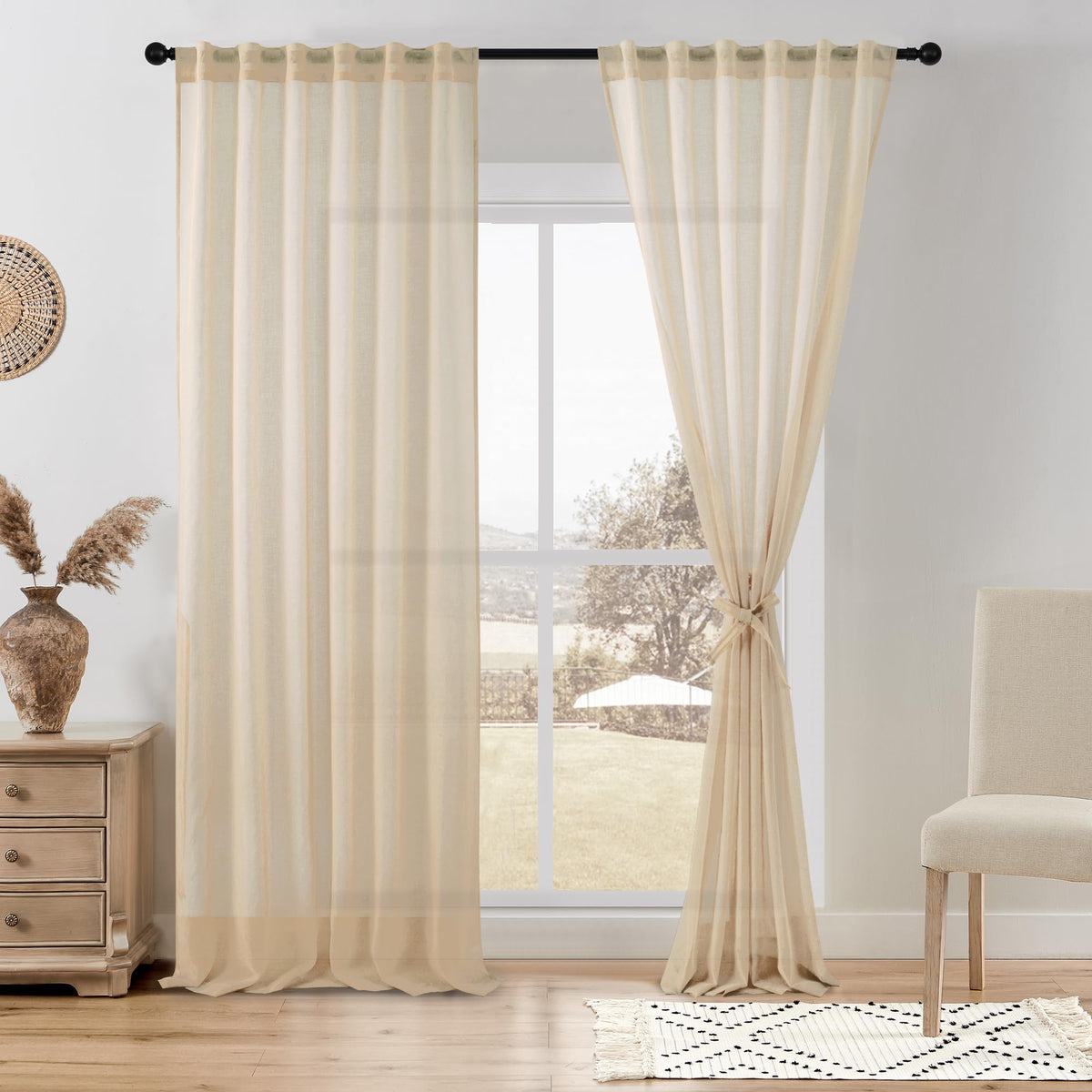 DWCN White Faux Linen Sheer Curtains, 2 Panels, 52x84 Inch | Faux Linen Textured Curtains with Rod Pocket & Back Tab, Semi Voile Light Airy Gauzy Privacy Drapes for Living Room Bedroom