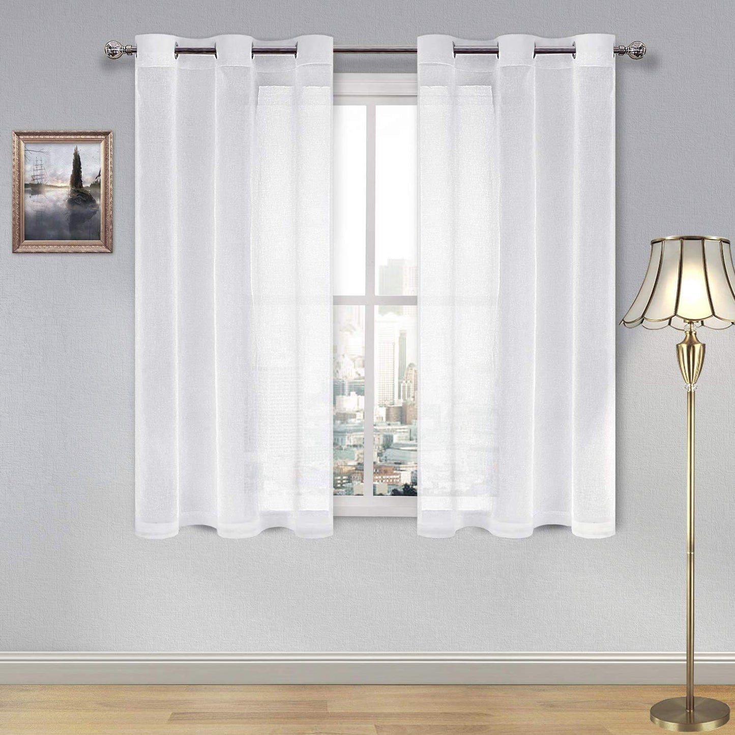 DWCN White Sheer Curtains Linen Look Semi Transparent Voile Grommet White Curtains for Living Dining Room Drapes 52 x 84 Inch Long, Set of 2 Panels