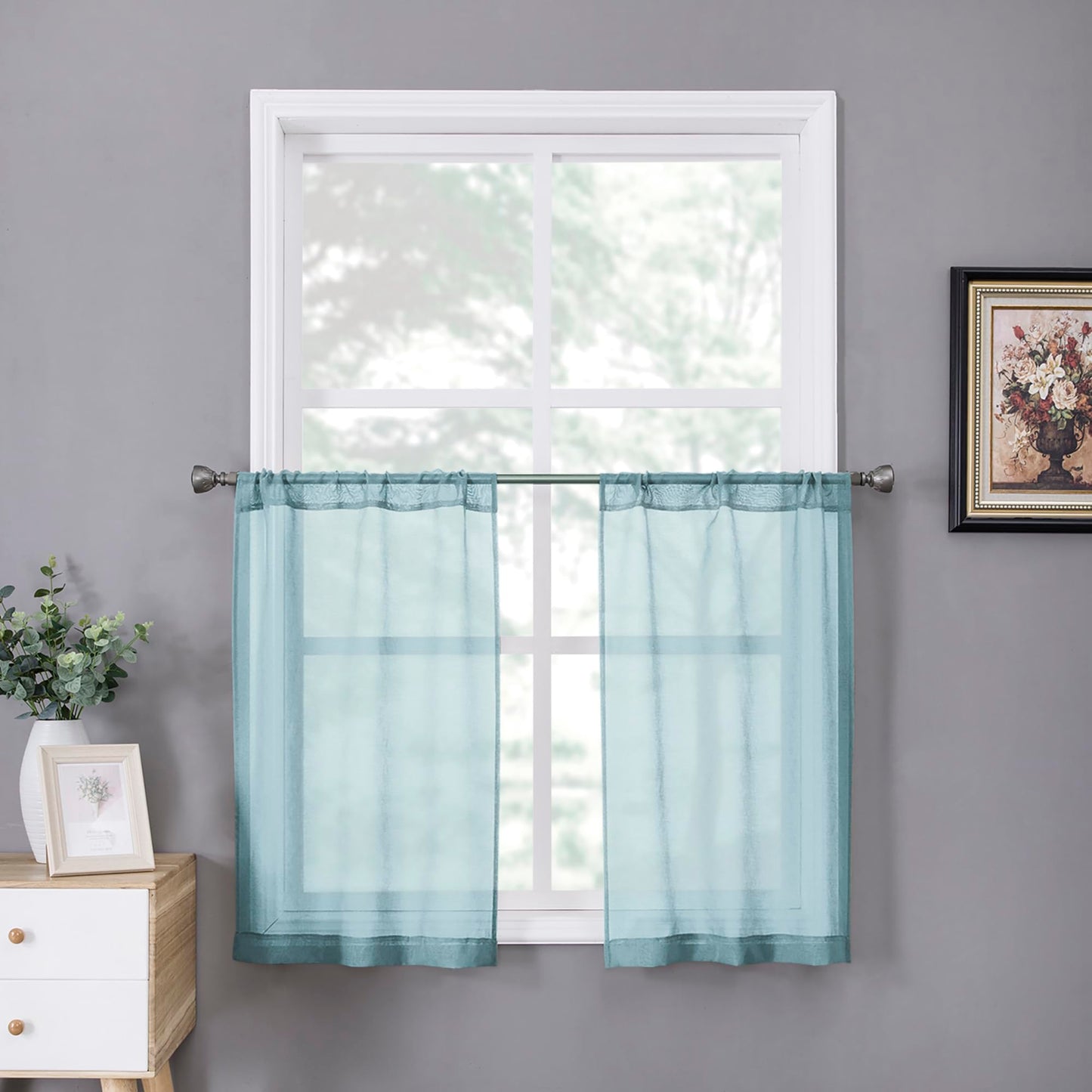 Tollpiz Sheer Curtains Living Room Linen Textured Curtain Sheers Light Filtering Voile Rod Pocket Curtains for Bedroom, 38 x 63 inches Long, White, Set of 2 Panels