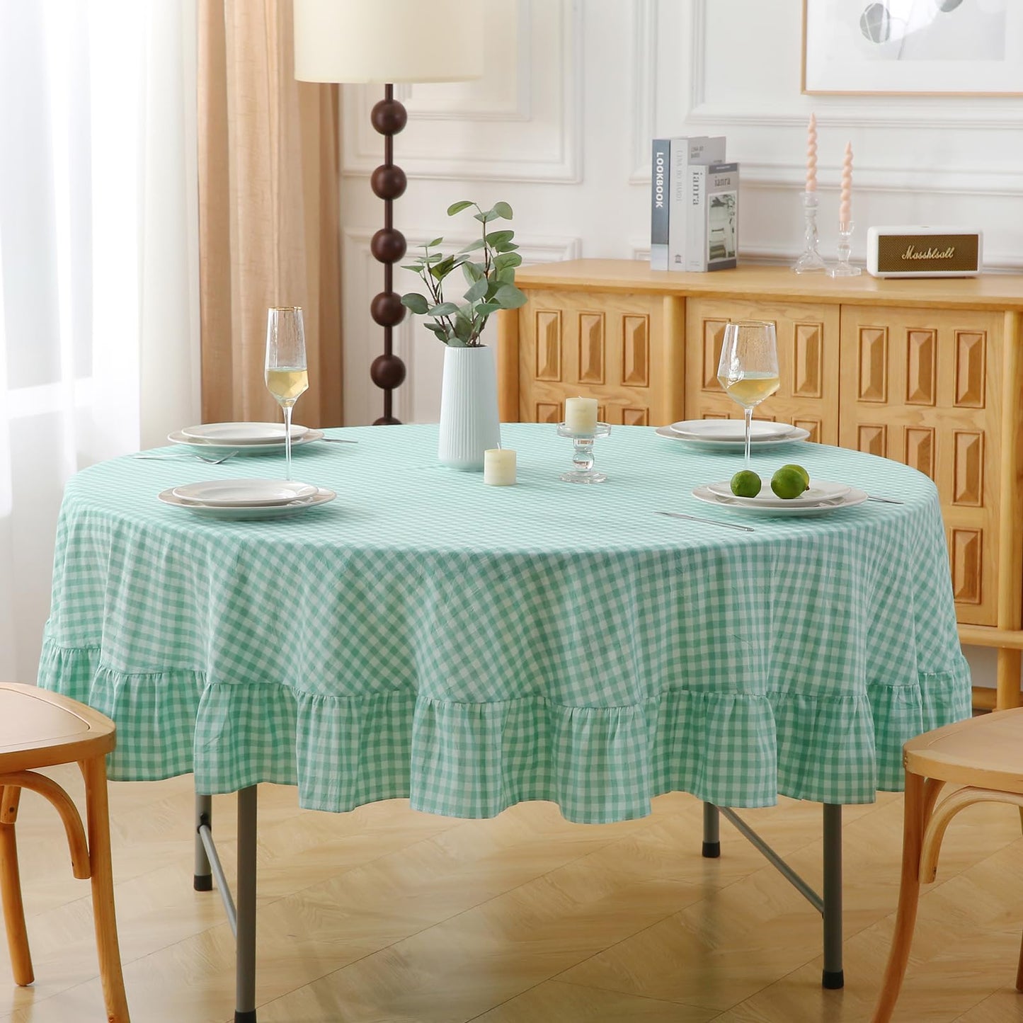 Blush White Gingham Ruffled Table Cloth Rectangular 120“x60” | 100% Washed Cotton, for Seat 8-10, Buffet Picnic Baby Shower Party Tablecloth, Decorative Checker Plaid Farmhouse Table Cover