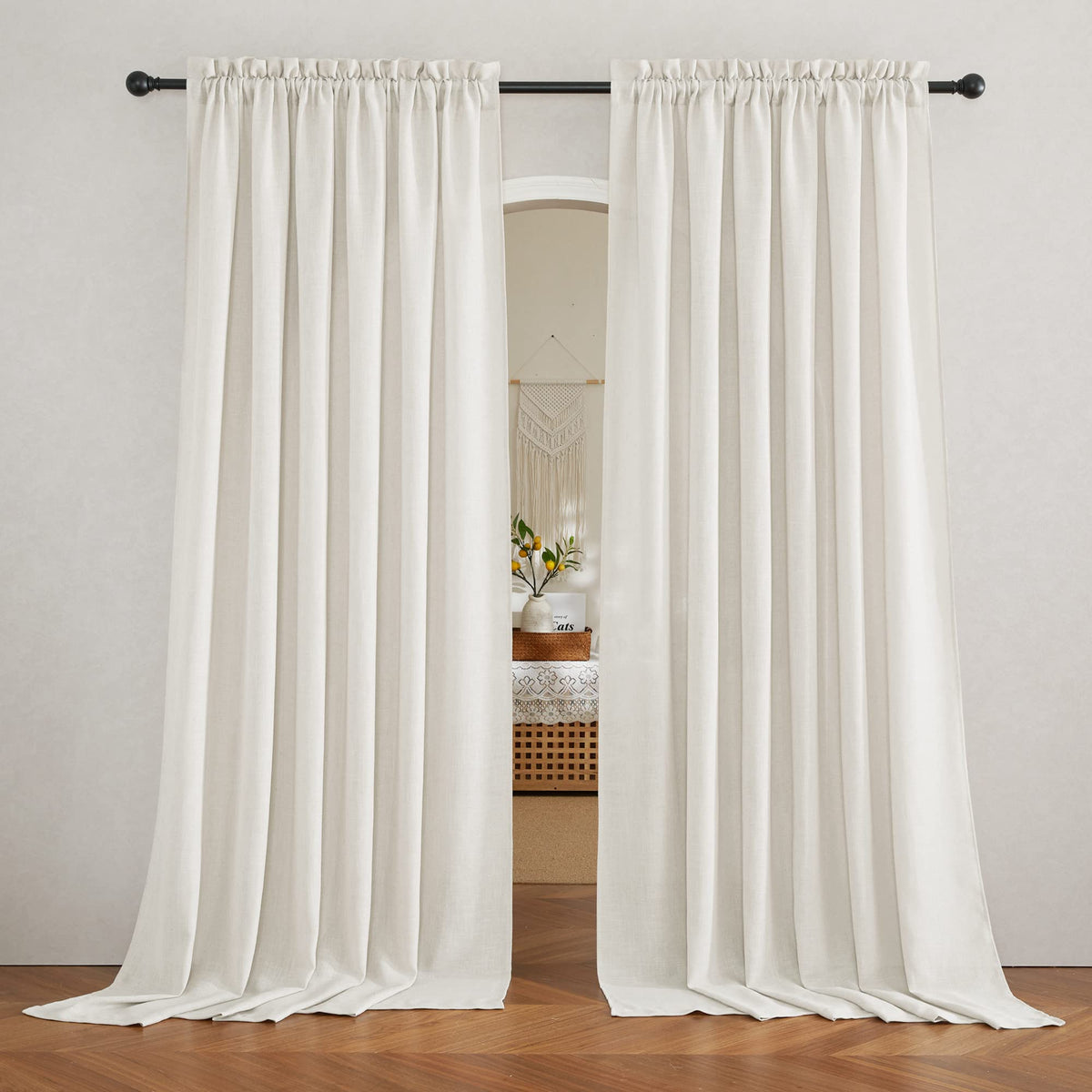 RYB HOME White Semi Sheer Curtains 84 inches Long for Living Room | Half Privacy, Linen Textured, Sheer Light Filtering, Vertical Window Drapes, for Bedroom Dining, White, W52 x L84, 2 Panels