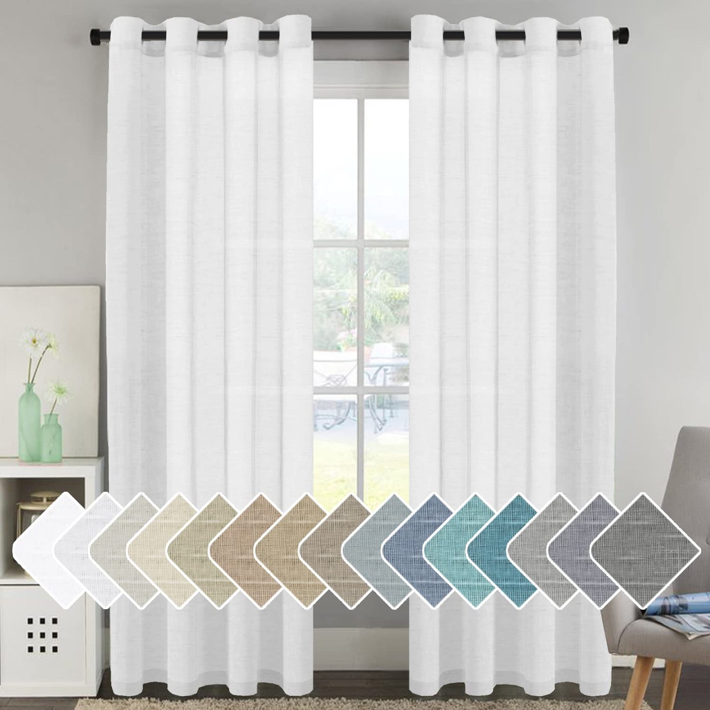H.VERSAILTEX Natural Linen Sheer Curtains Flax Linen Blended Curtain Panels Living Room, Nickel Grommet Semitransparent Semi-Sheer Soft Privacy Drapes, Natural, 84 inches Long 2 Panels