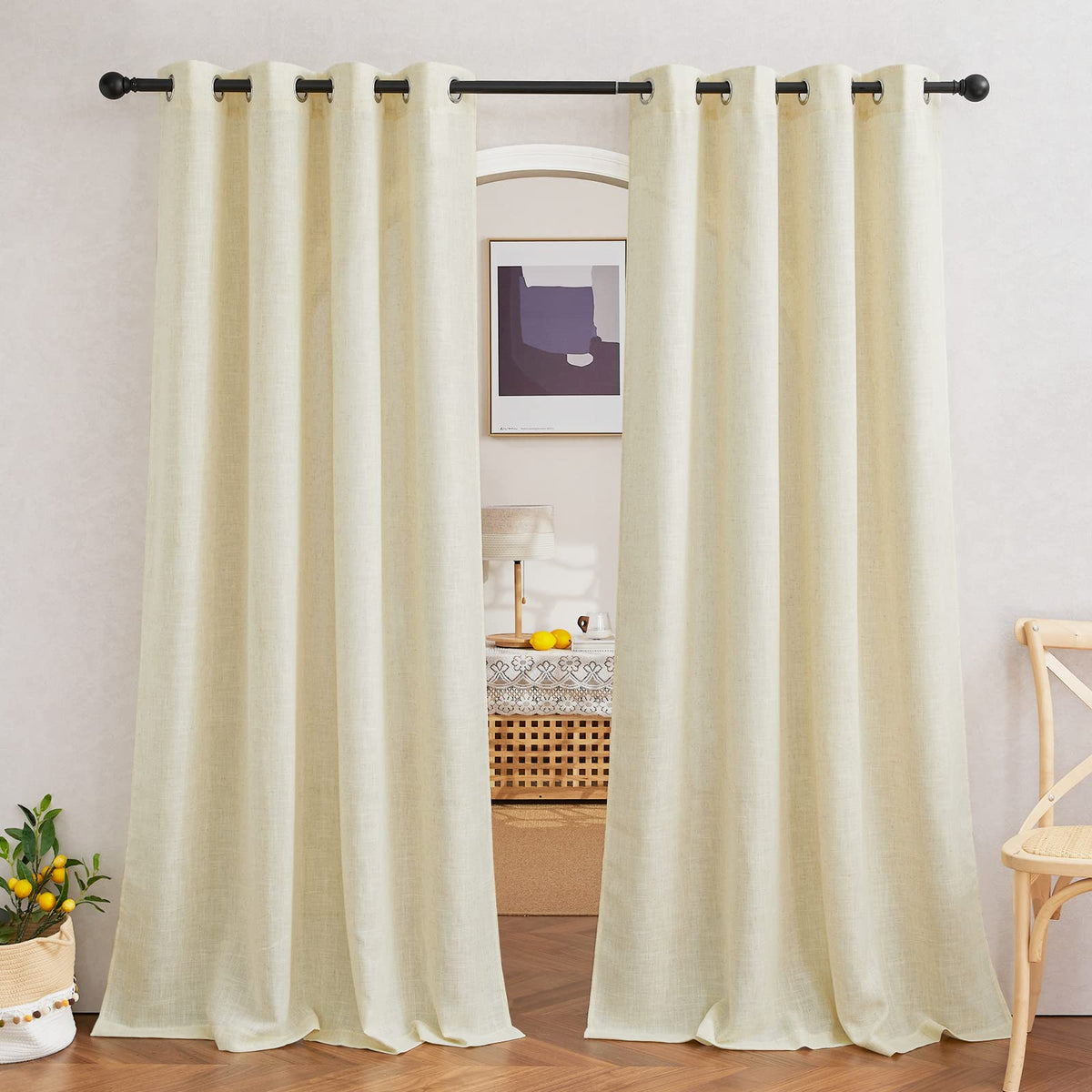 NICETOWN White Sheer Linen Curtains for Living Room 84 inch Length 2 Panels Set, Grommet Semi Sheer Privacy with Light Filtering Flax Window Treatments for Bedroom, W52 x L84
