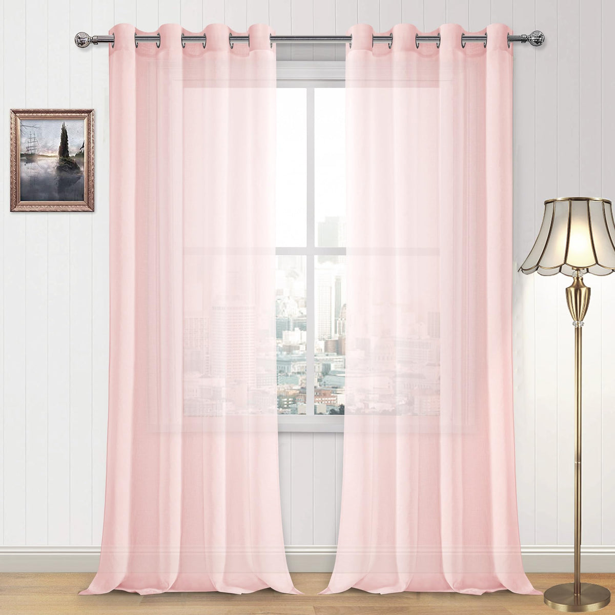 DWCN White Sheer Curtains Linen Look Semi Transparent Voile Grommet White Curtains for Living Dining Room Drapes 52 x 84 Inch Long, Set of 2 Panels