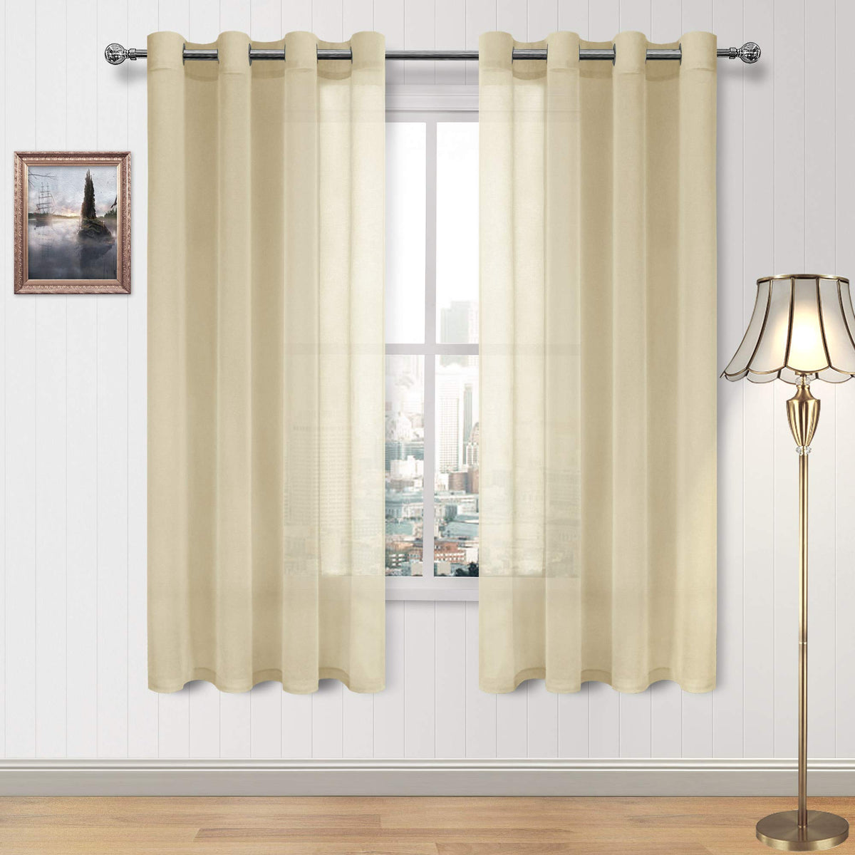 DWCN White Sheer Curtains Linen Look Semi Transparent Voile Grommet White Curtains for Living Dining Room Drapes 52 x 84 Inch Long, Set of 2 Panels