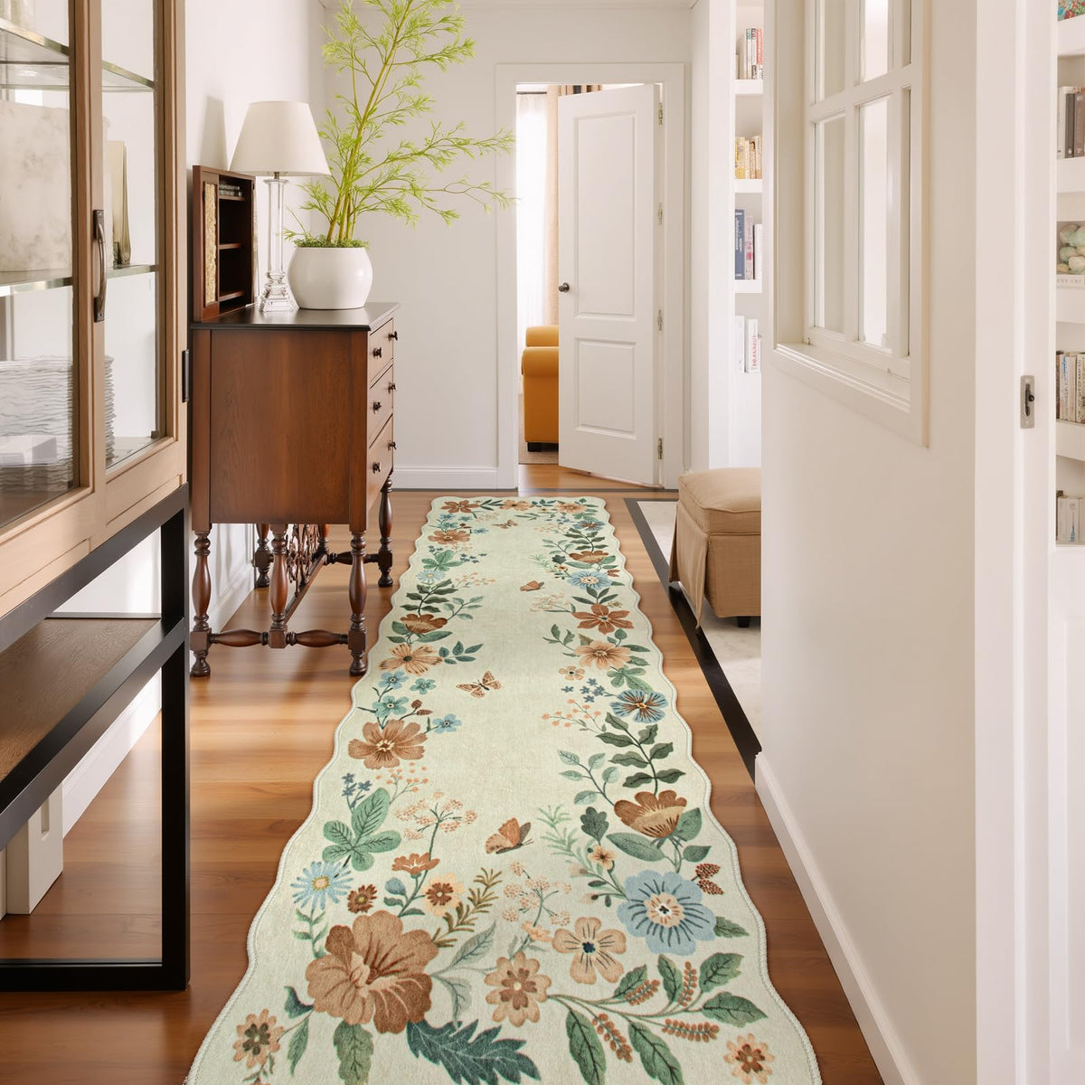 Lahome Floral Washable Living Room Rug, 5x7 Area Rugs for Bedroom Soft | Dining Room Rug Ultra-Thin Non Slip Stain Resistant Boho Low-Pile Throw Carpet for Office Flore (5x7ft, Beige)