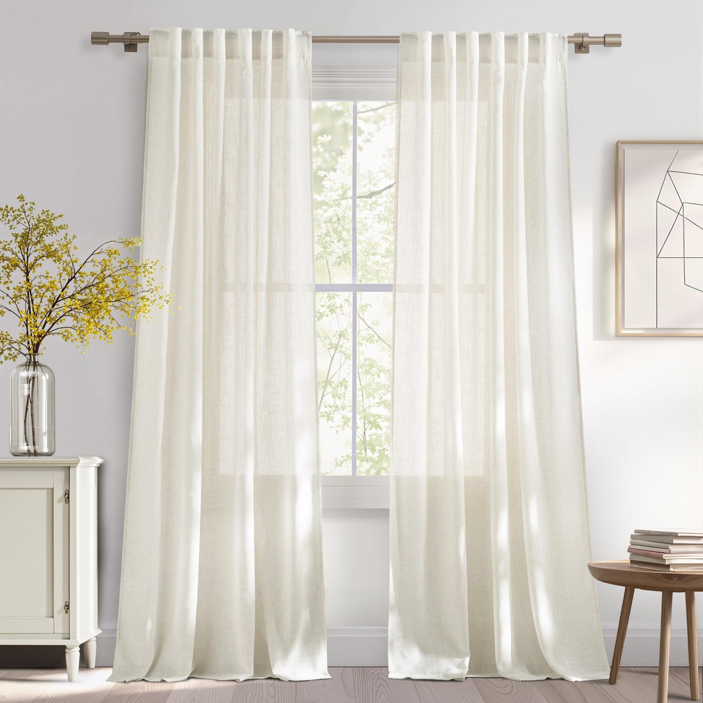 NICETOWN White Linen Sheer Curtains and Drapes 84 inches Long, Rod Pocket & Back Tab semitransparent with Light Through Vertical Window Treatments for Sliding Glass Door & Living Room, 52"W, Set of 2
