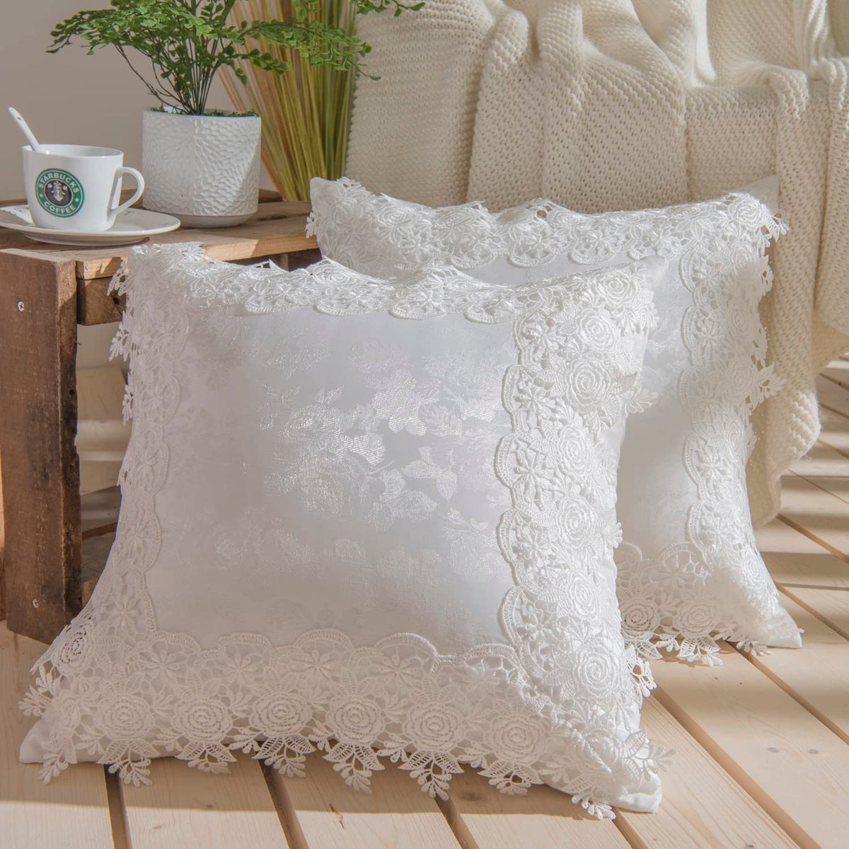 Jacquard Throw Pillow Covers French Cushion Cover Embroidery Lace Throw Pillow Cases for Couch Sofa Farmhouse Home Decoration Square 18 x18 Inch Set of 2 White