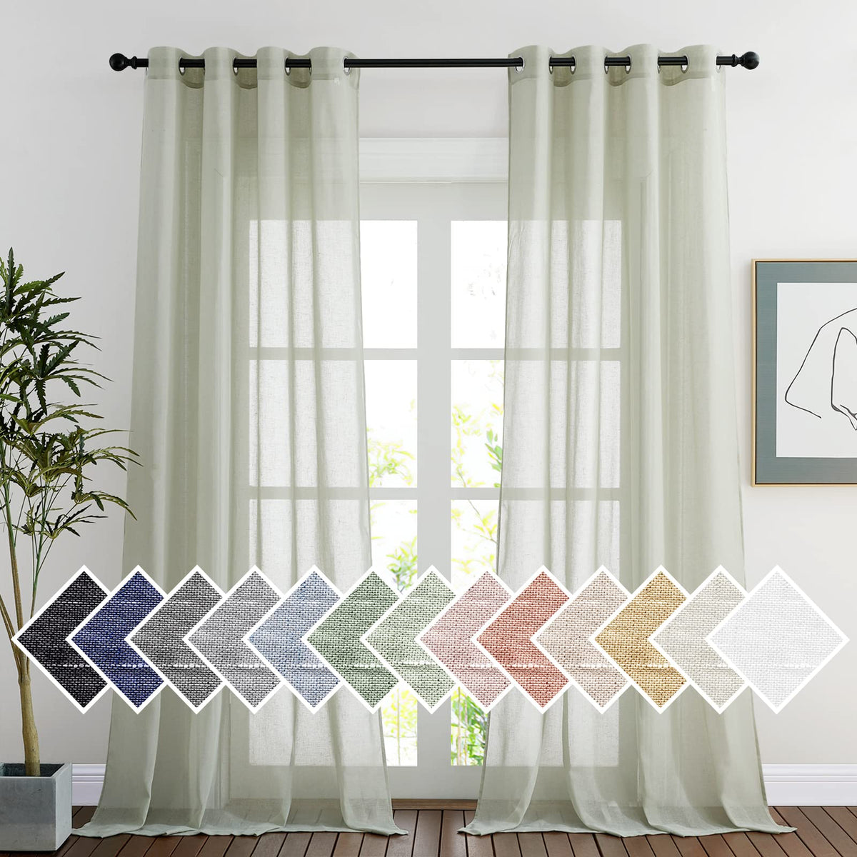 NICETOWN White Sheer Linen Curtains for Living Room 84 inch Length 2 Panels Set, Grommet Semi Sheer Privacy with Light Filtering Flax Window Treatments for Bedroom, W52 x L84