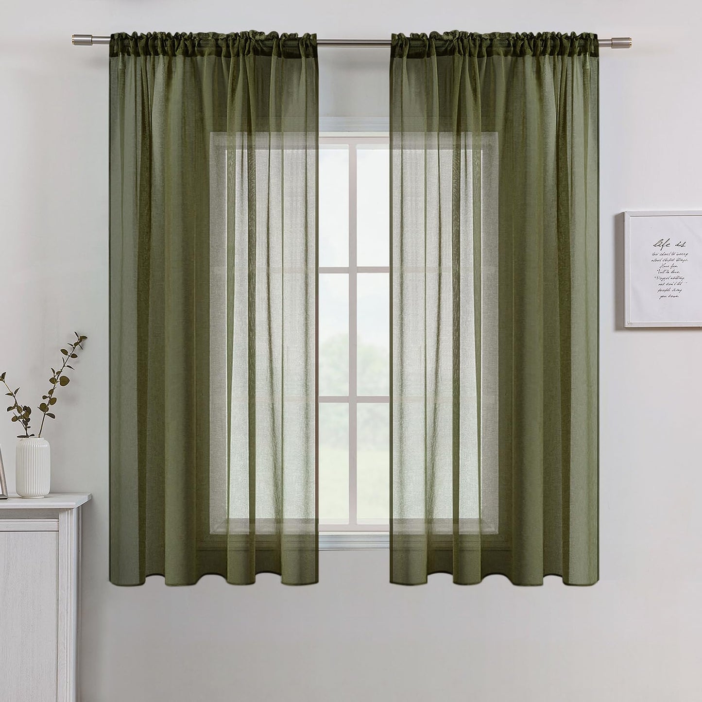 MIULEE Semi White Linen Textured Sheer Curtains 42W×84L Rod Pocket 2 Panels | Semi Transparent, Farmhouse, Window Net Panels with Rod Pocket for Bedroom Living Room