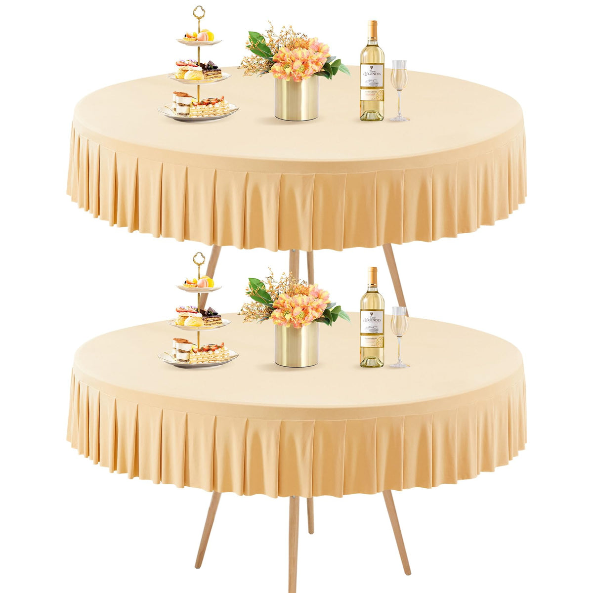 8 Pack Champagne Spandex Round Tablecloths for 72in Table, Stretchy Fitted 6FT Round Table Cloths, Wrinkle Free Table Cover with Skirt for Wedding Birthday Party Bridal Shower Banquet