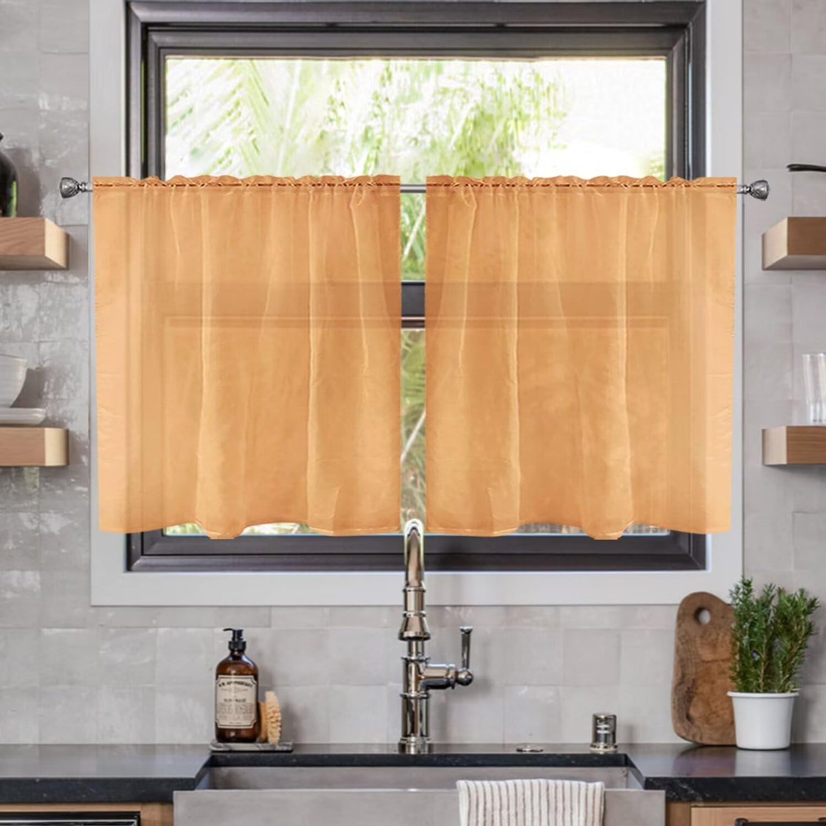 youleyar Solid Sheer Rod Pocket Curtain Voile Draperies 2 Panels White Beige Black Grey Coffee 52 Inch Width 84 Inch Long 1 Pair for Kitchen Bedroom Children Living Room Yard (Ivory,52W ｘ 84L)