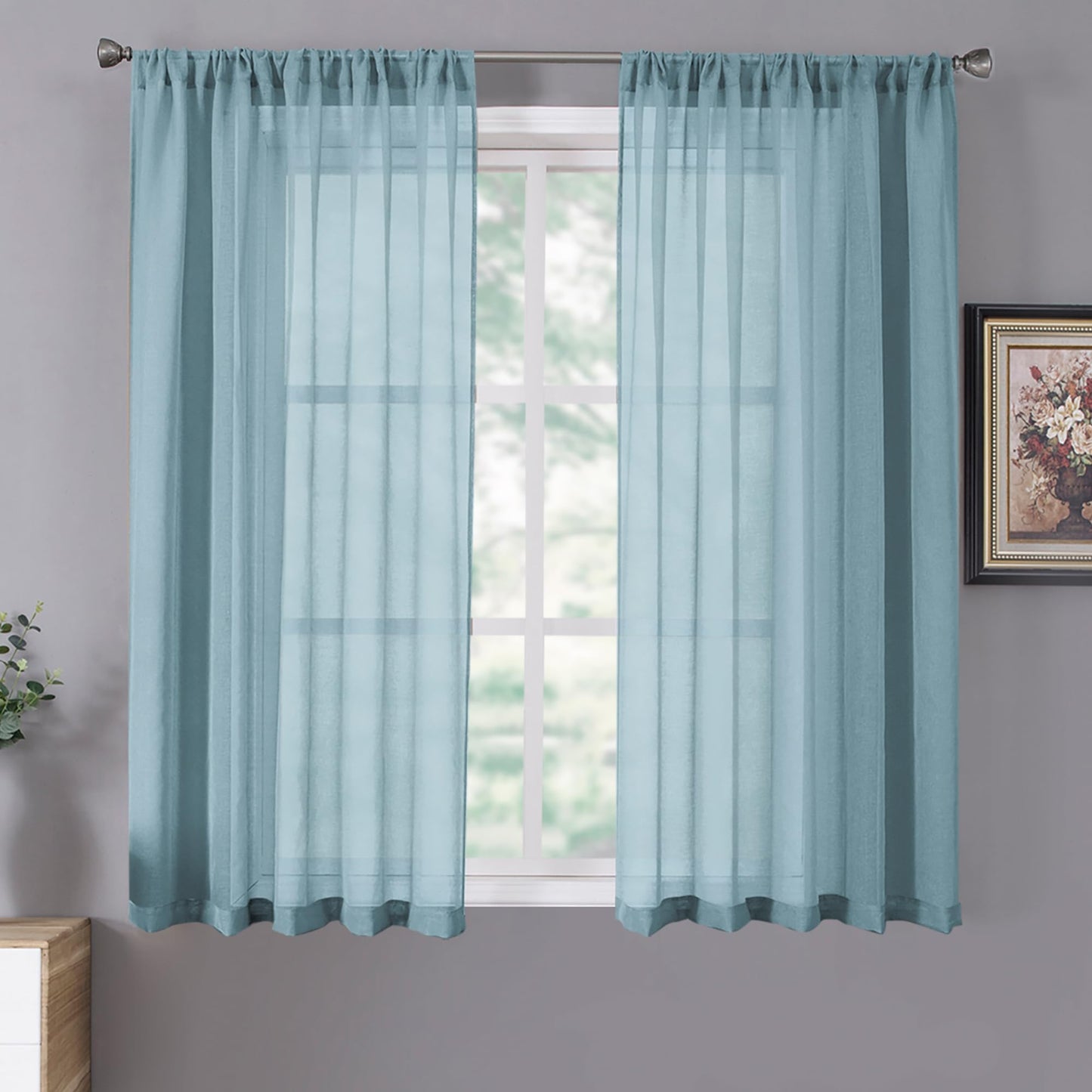 Tollpiz Sheer Curtains Living Room Linen Textured Curtain Sheers Light Filtering Voile Rod Pocket Curtains for Bedroom, 38 x 63 inches Long, White, Set of 2 Panels