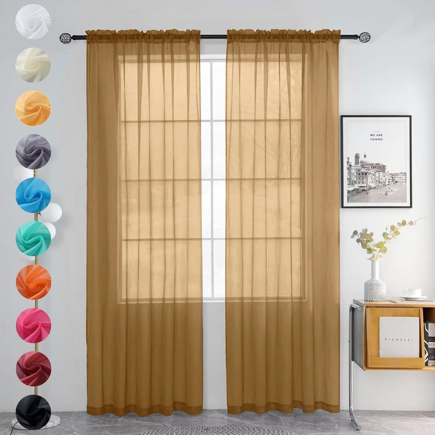 youleyar Solid Sheer Rod Pocket Curtain Voile Draperies 2 Panels White Beige Black Grey Coffee 52 Inch Width 84 Inch Long 1 Pair for Kitchen Bedroom Children Living Room Yard (Ivory,52W ｘ 84L)