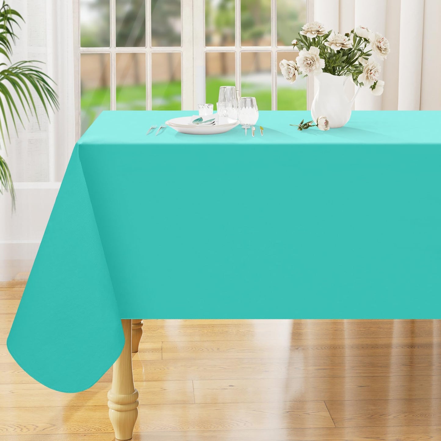 Smiry Rectangle Table Cloth 60x84 Inch, Waterproof Wipeable Vinyl Tablecloths Protector, Oil Spill Proof Plastic Table Cover for Dining, Picnic, Camping, Outdoor, Beige