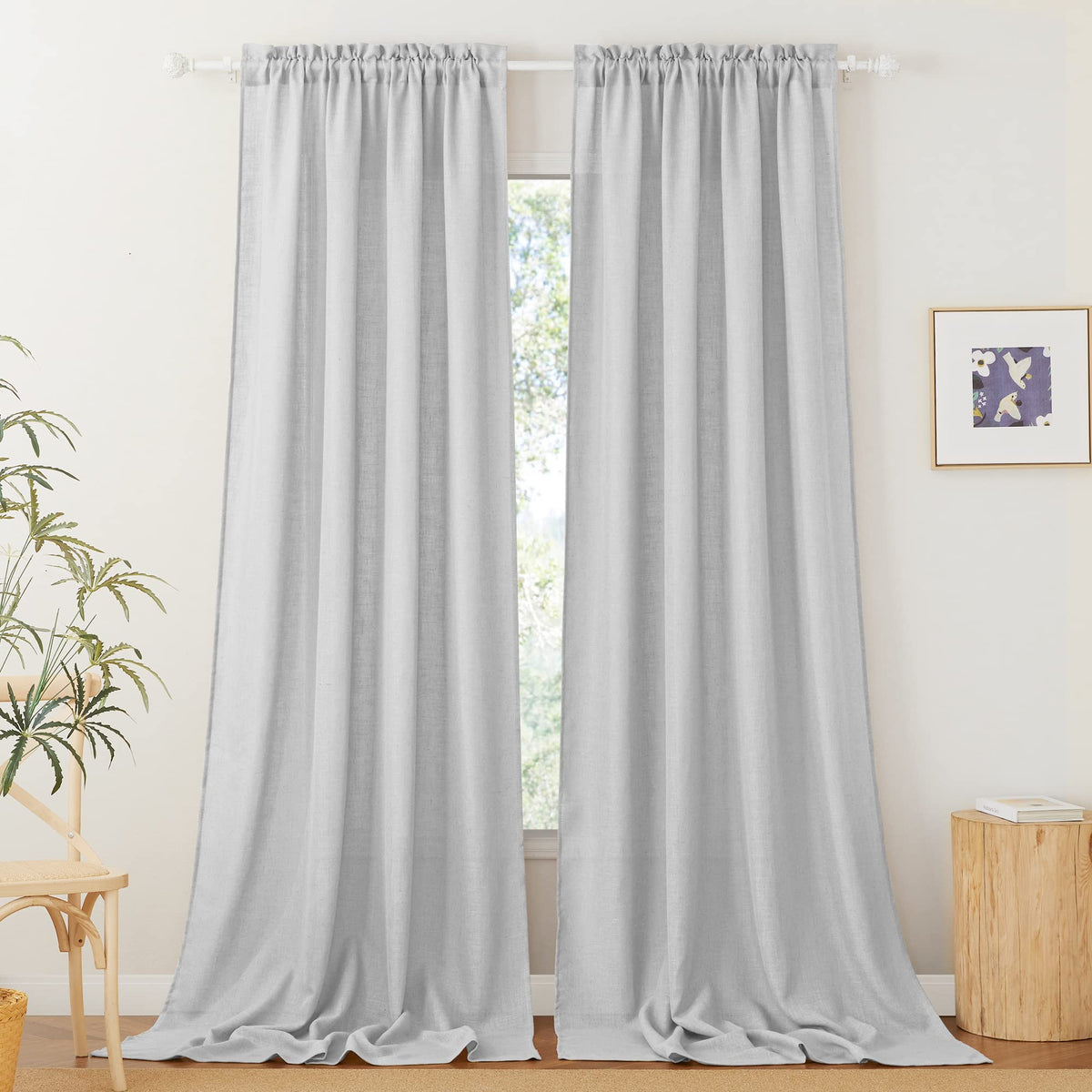RYB HOME White Semi Sheer Curtains 84 inches Long for Living Room | Half Privacy, Linen Textured, Sheer Light Filtering, Vertical Window Drapes, for Bedroom Dining, White, W52 x L84, 2 Panels