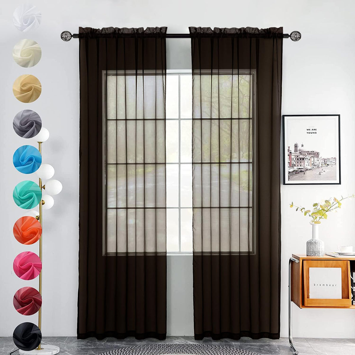 youleyar Solid Sheer Rod Pocket Curtain Voile Draperies 2 Panels White Beige Black Grey Coffee 52 Inch Width 84 Inch Long 1 Pair for Kitchen Bedroom Children Living Room Yard (Ivory,52W ｘ 84L)