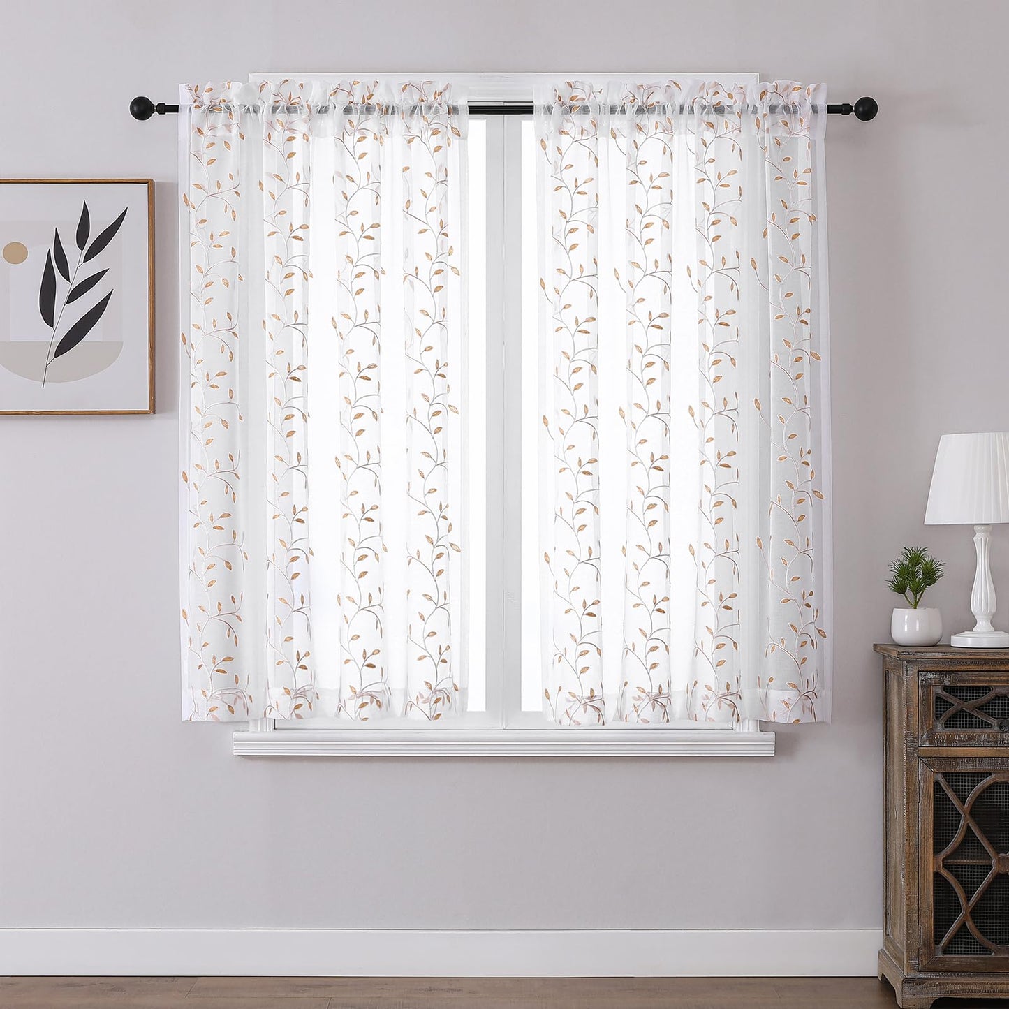 Sheer Curtains Boho Leaf Floral Embroidered Cream Beige 54Wx84L | Light Filtering Semi Sheer Voile Curtains With Design, Rod Pocket Window Drapes for Bedroom Living Room 2 Panels
