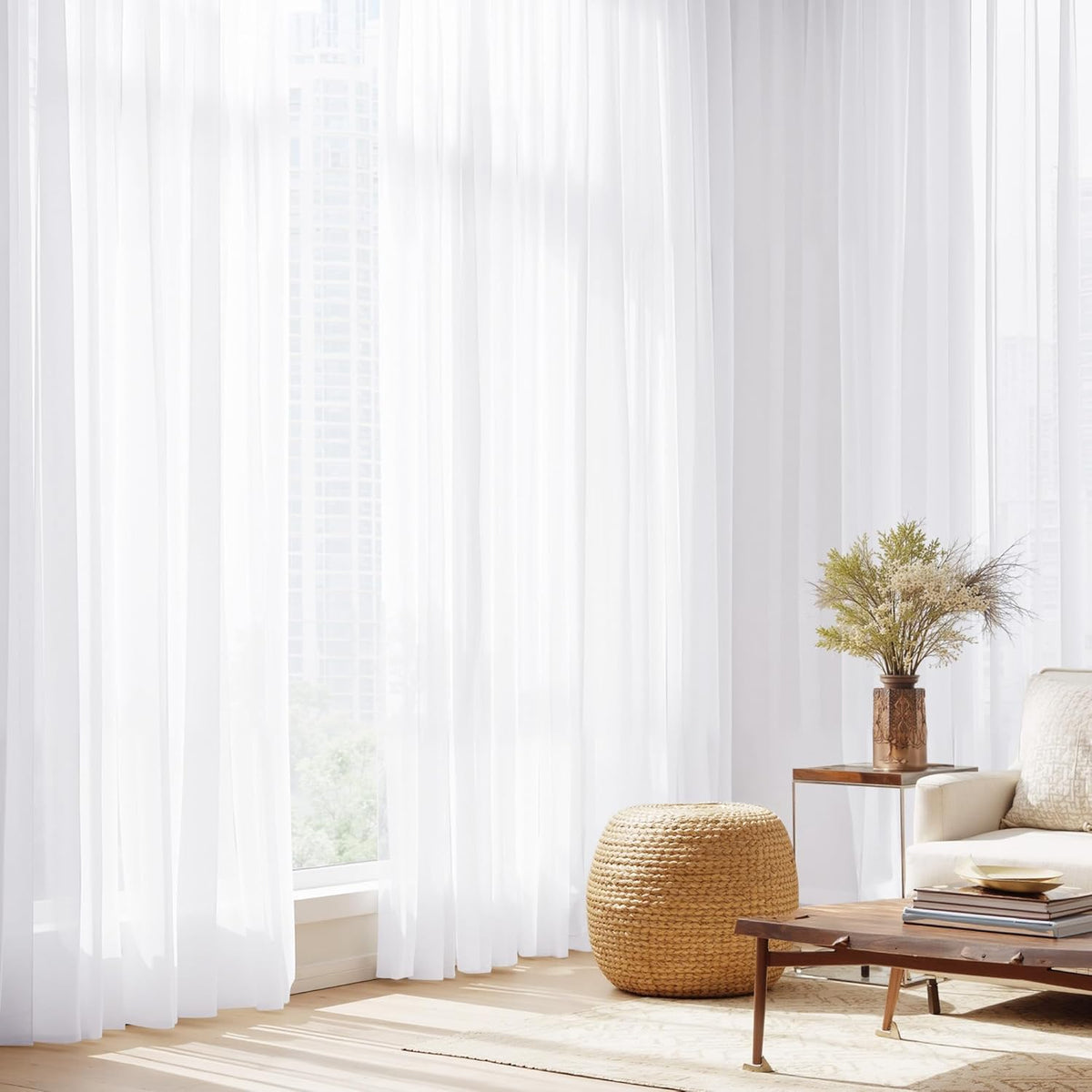 NICETOWN White Sheer 96 inches Long Curtains for Living Room, Rod Pocket Lightweight Drapes Voile Sheer Air & Breathable Window Treatments for Bedroom, W42 x L96, 2 Panels
