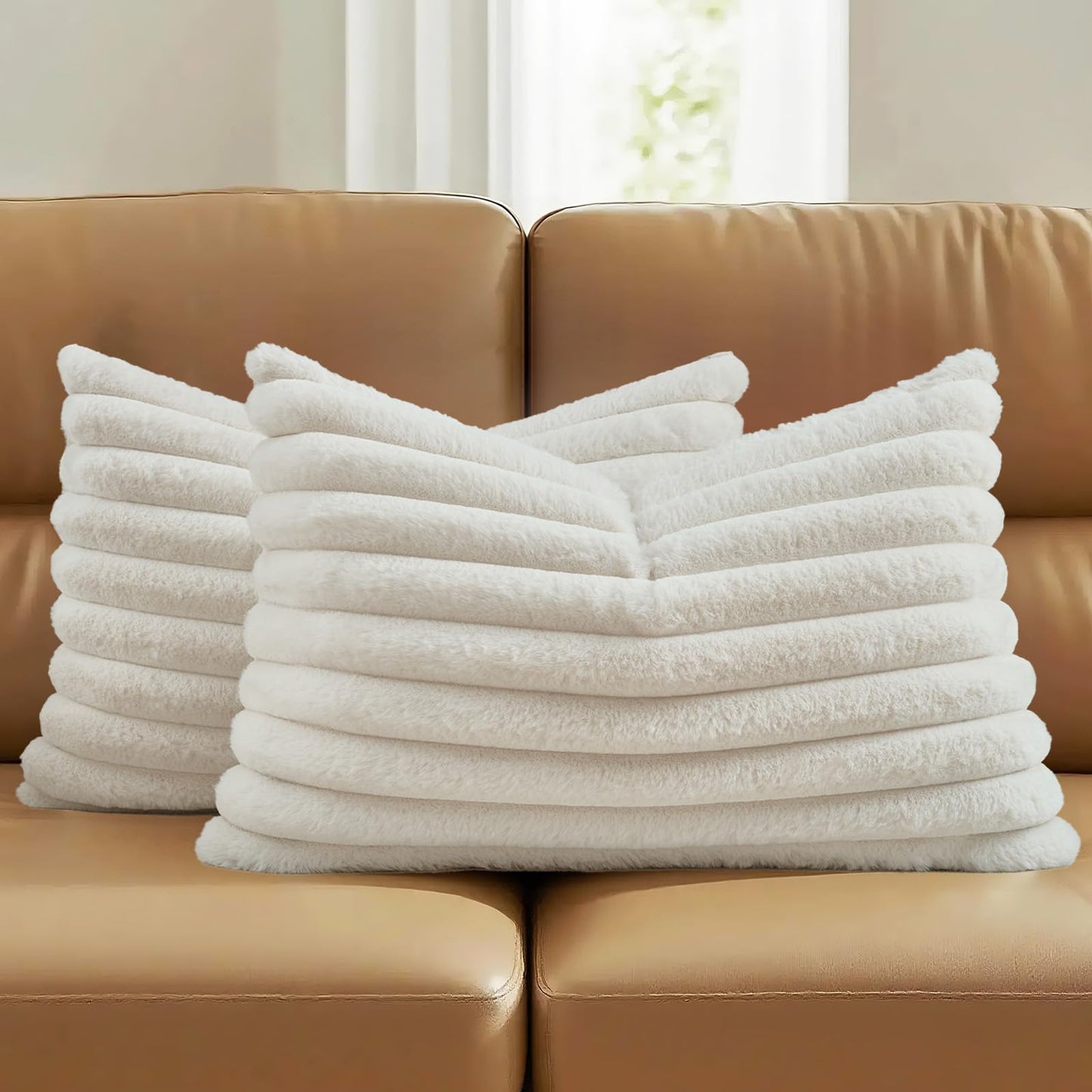 FUTEI Pack of 2 Faux Fur Throw Pillow Covers 18x18 Inch, Cream White | Fluffy Faux Rabbit Fur Front/Premium Velvet Back,Hidden Zipper,Machine Washable,Non-Shedding,Colorfast,Insert Not Included.