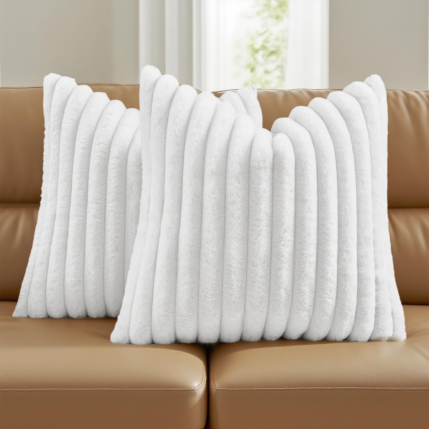 FUTEI Pack of 2 Faux Fur Throw Pillow Covers 18x18 Inch, Cream White | Fluffy Faux Rabbit Fur Front/Premium Velvet Back,Hidden Zipper,Machine Washable,Non-Shedding,Colorfast,Insert Not Included.
