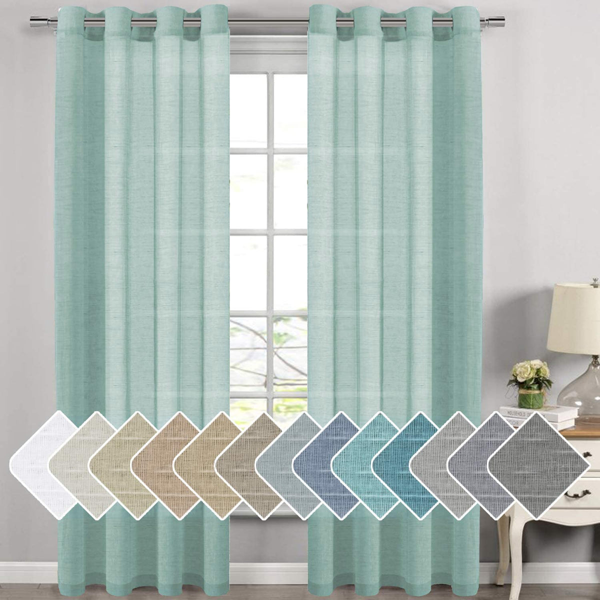 H.VERSAILTEX Natural Linen Sheer Curtains Flax Linen Blended Curtain Panels Living Room, Nickel Grommet Semitransparent Semi-Sheer Soft Privacy Drapes, Natural, 84 inches Long 2 Panels